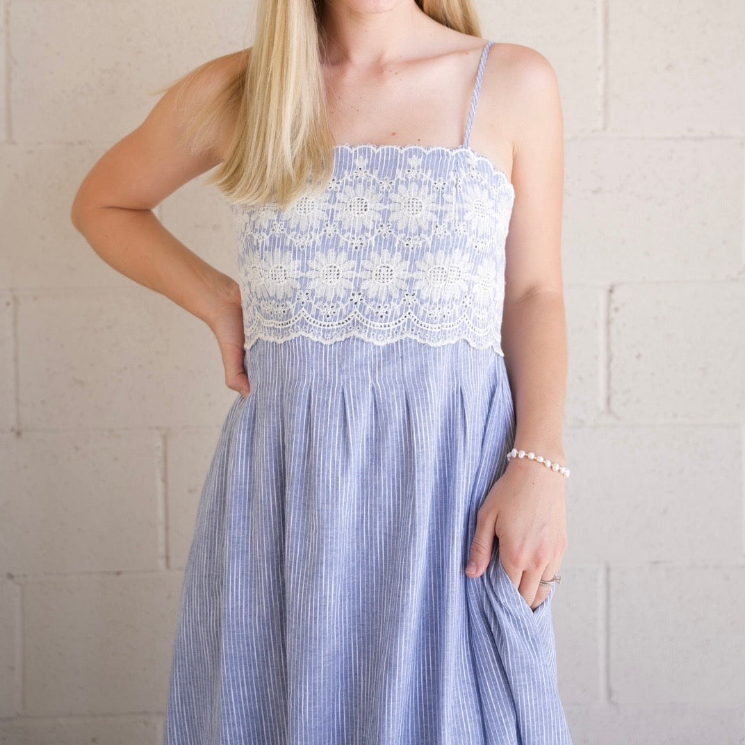 Pinstripe Embroidered Midi Dress