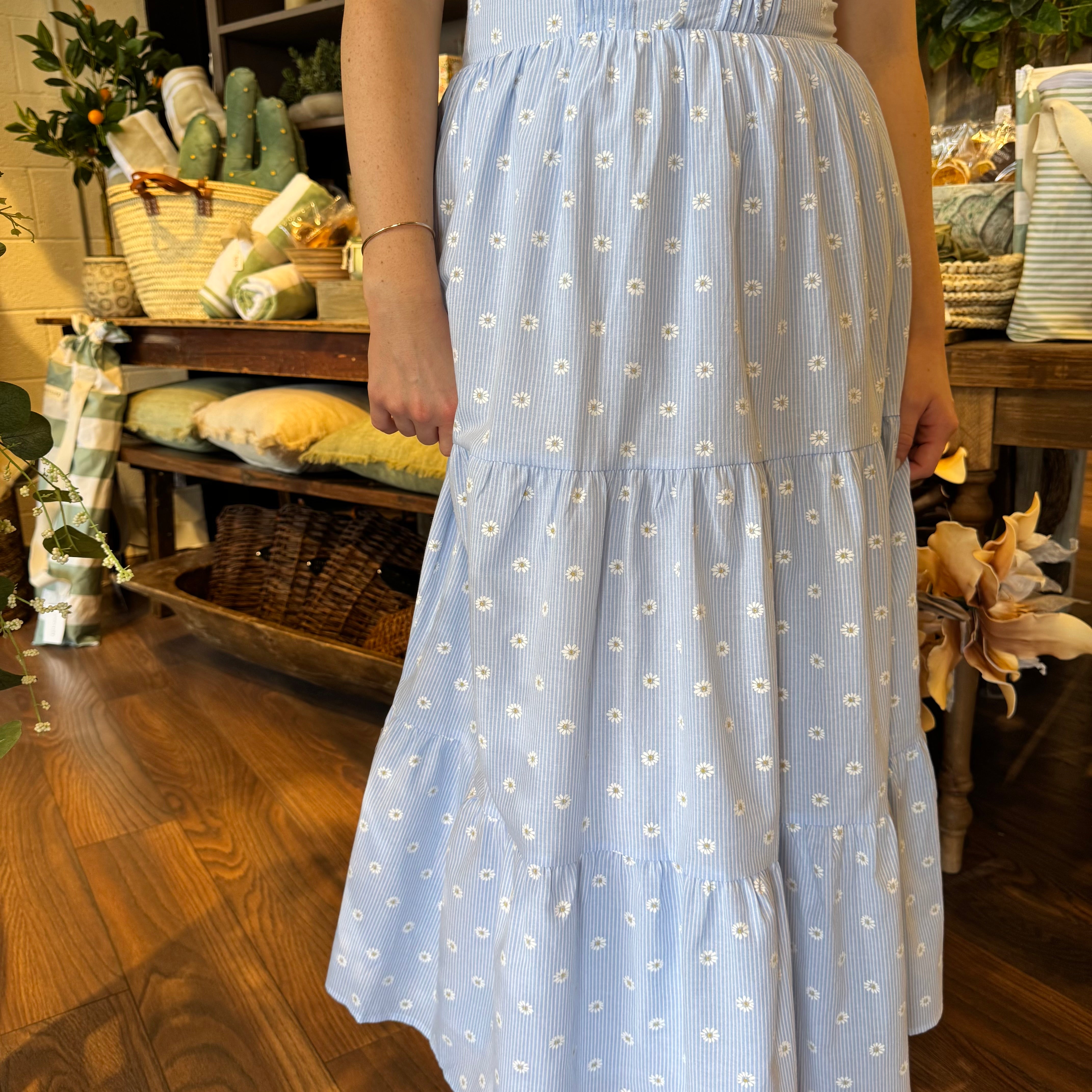 Blue Daisy Print Midi Dress