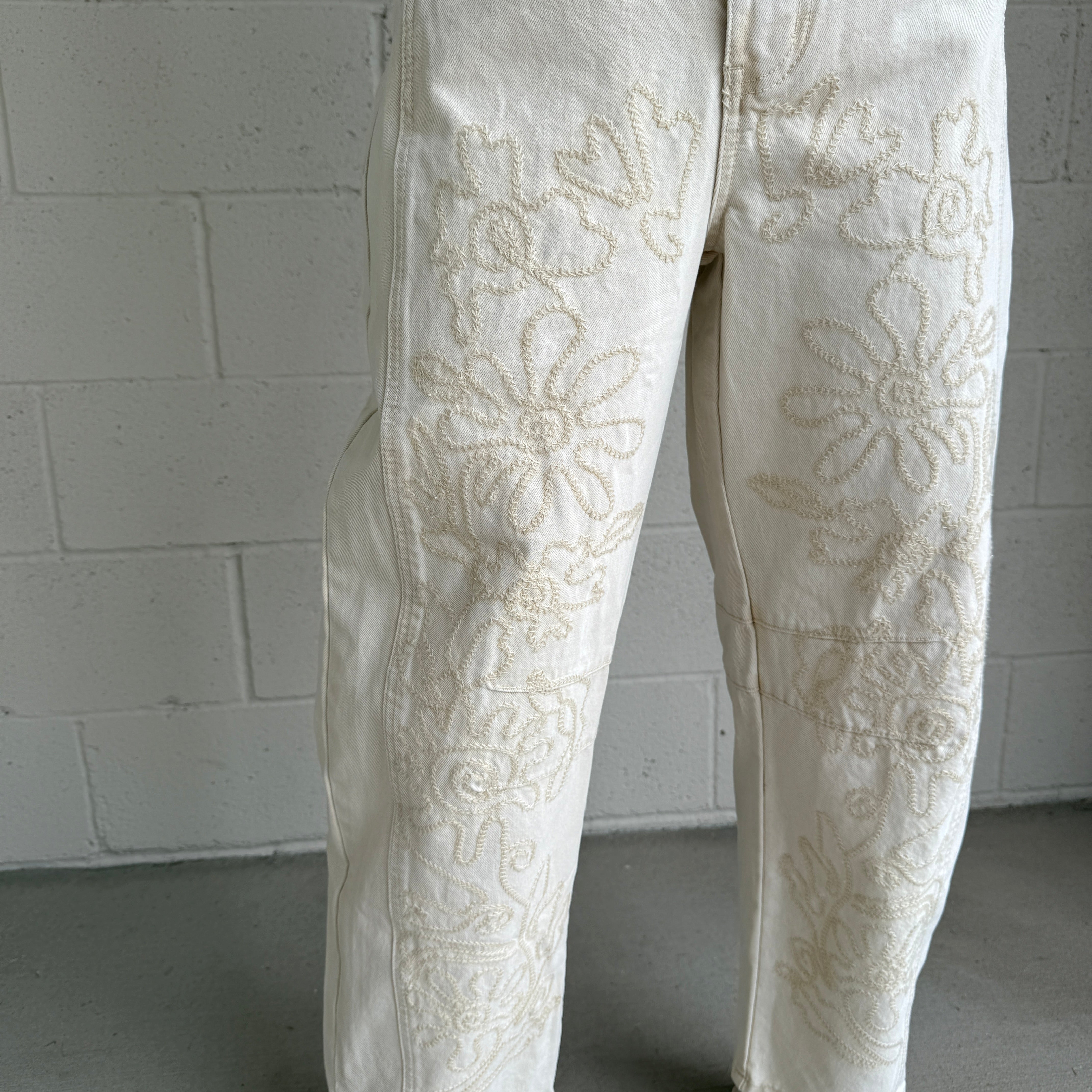 Beige Embroidered Barrel Pants