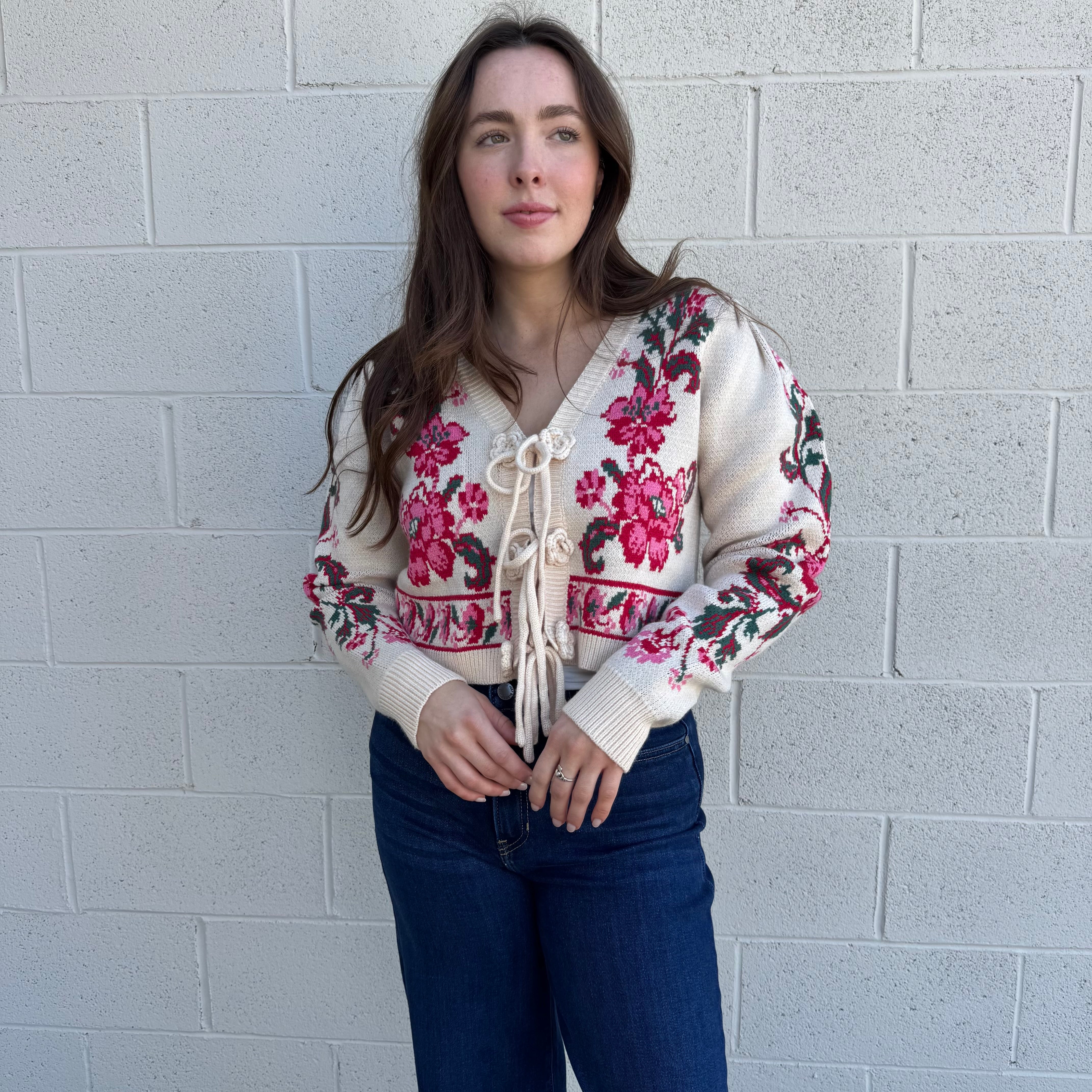 Floral Knit Tie-Front Cropped Cardigan