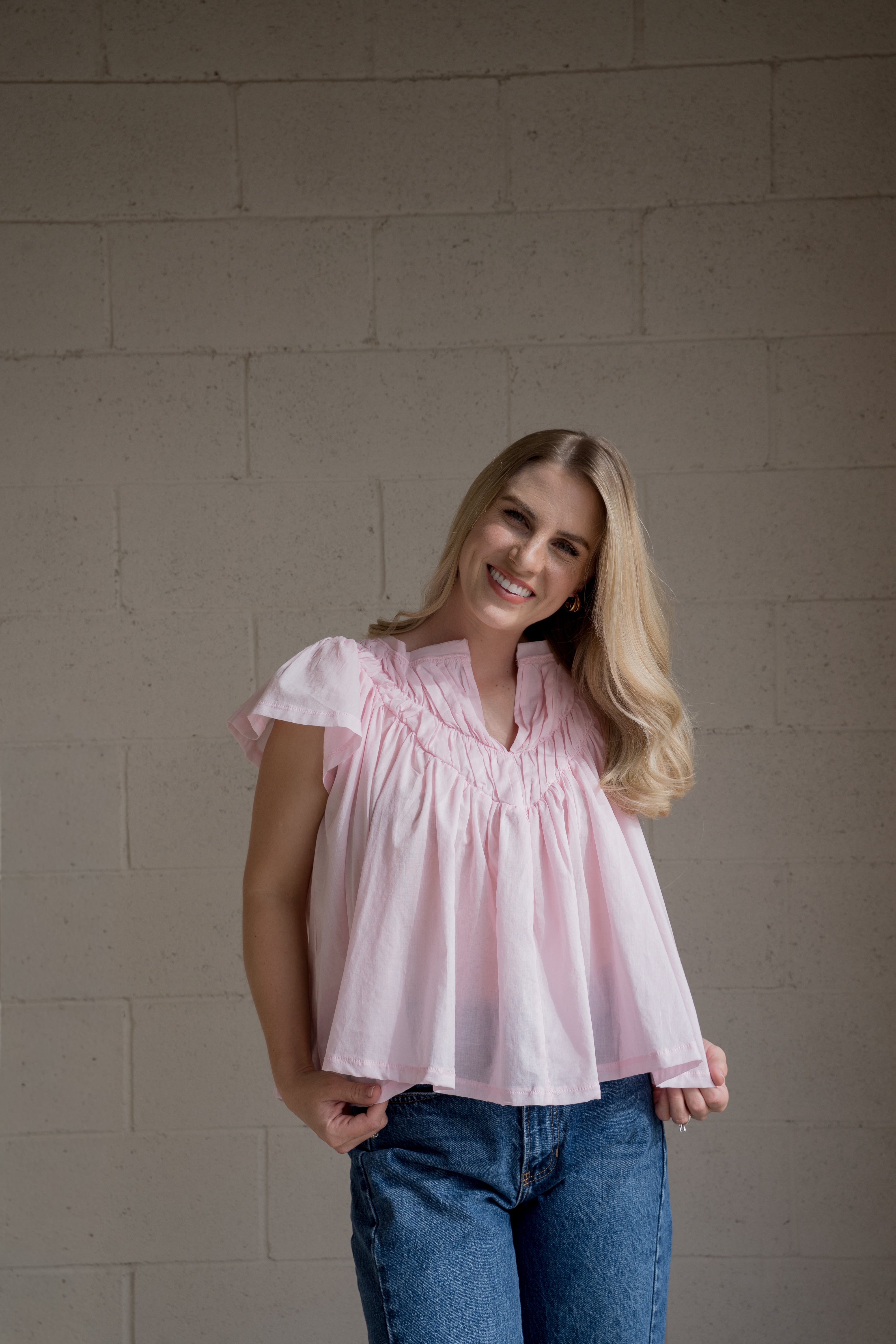 Pink Flutter Sleeve Gathered Blouse