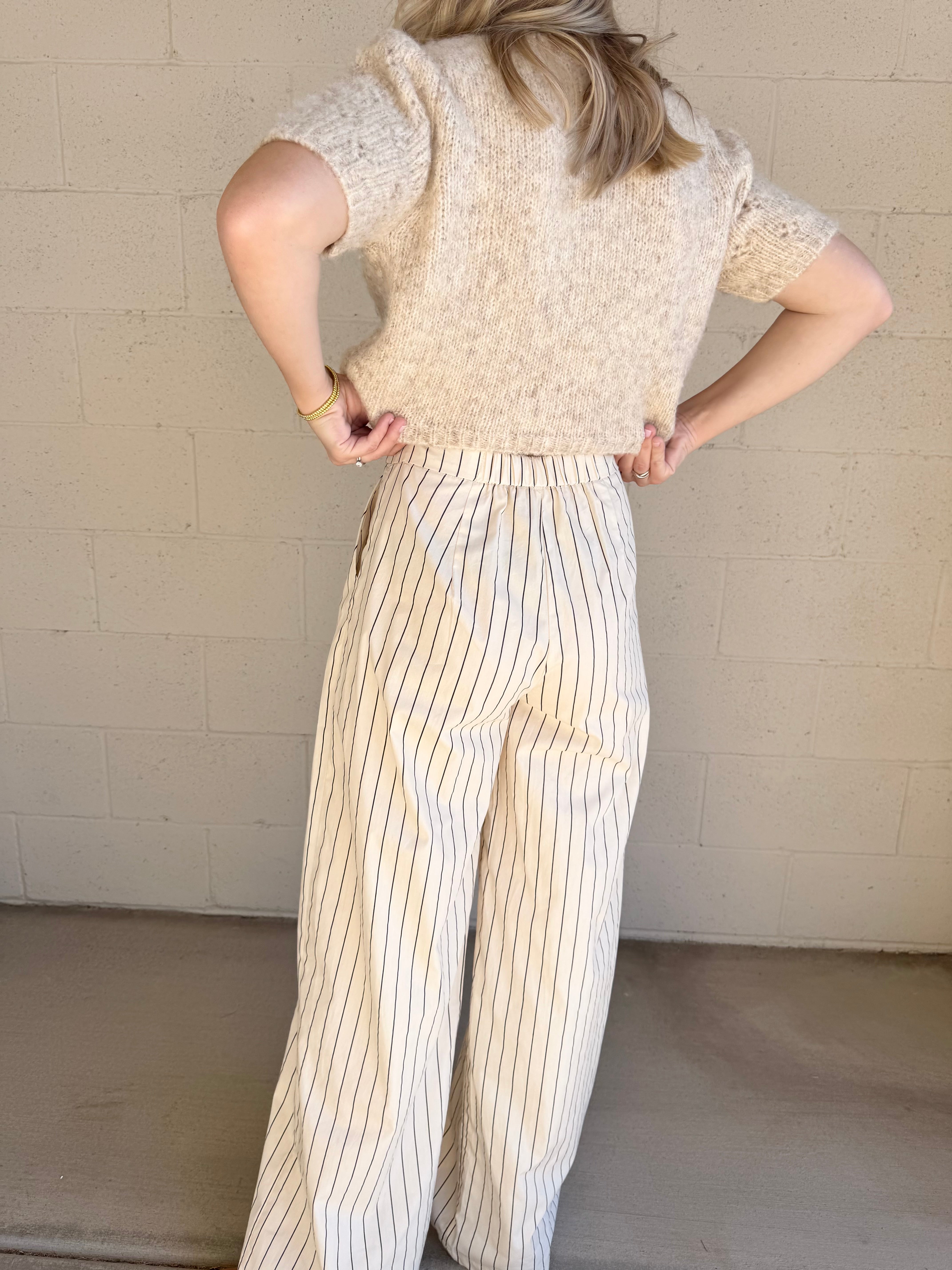 Beige High-Waisted Striped Pants