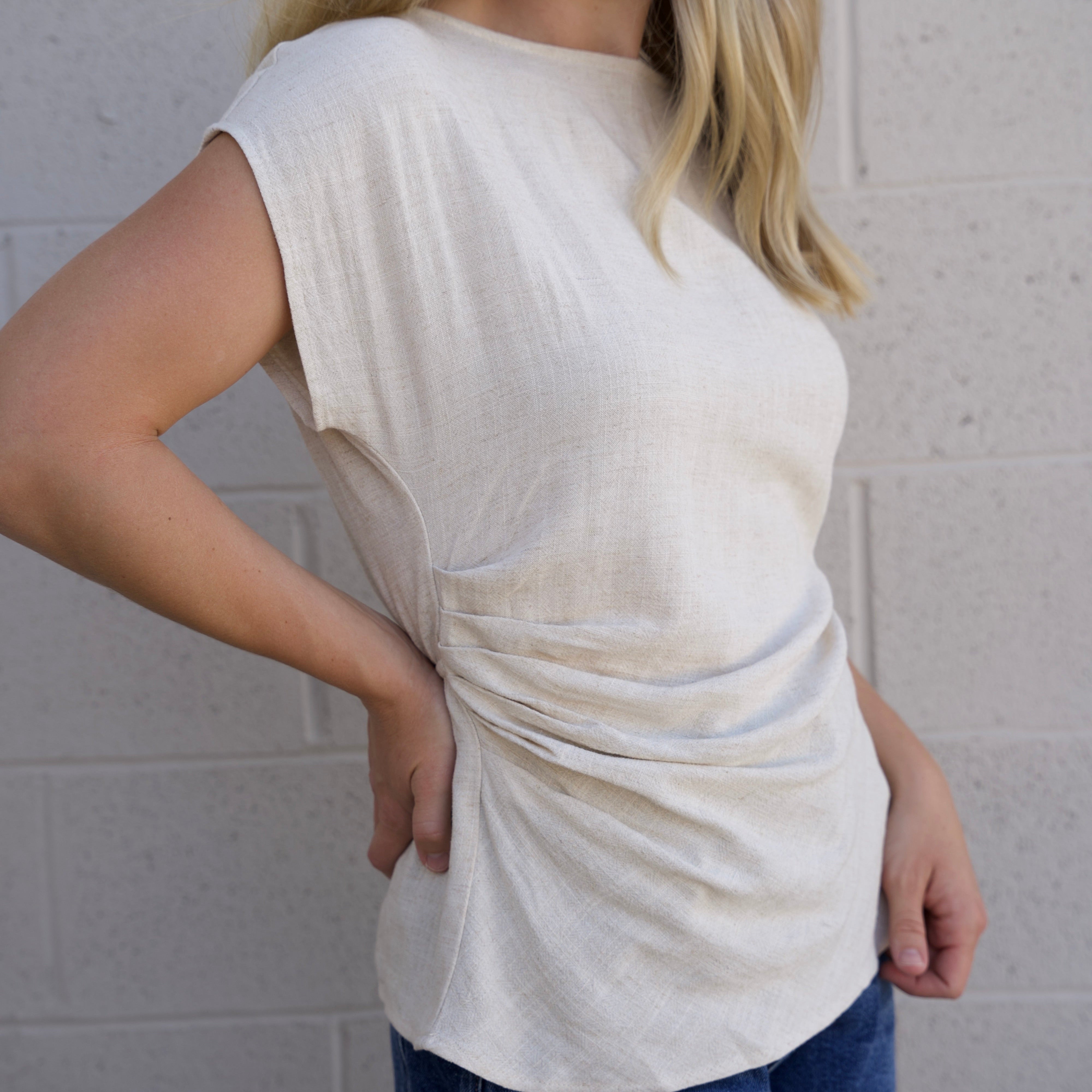 Cream Round Neck Shirring Top
