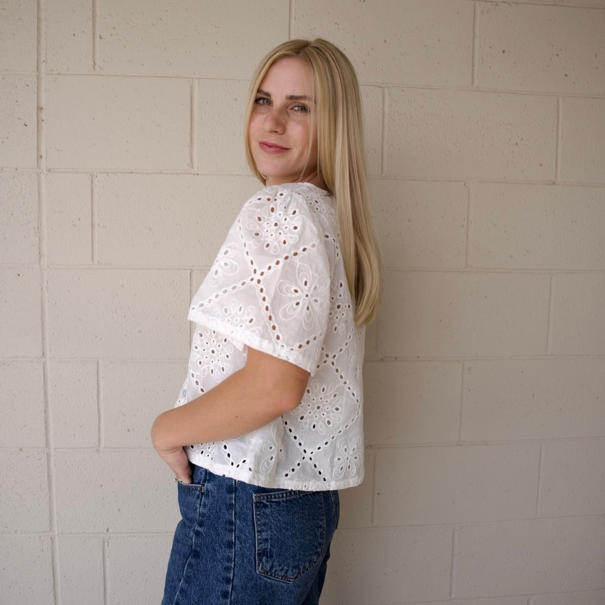 White Eyelet Short Sleeve Blouse