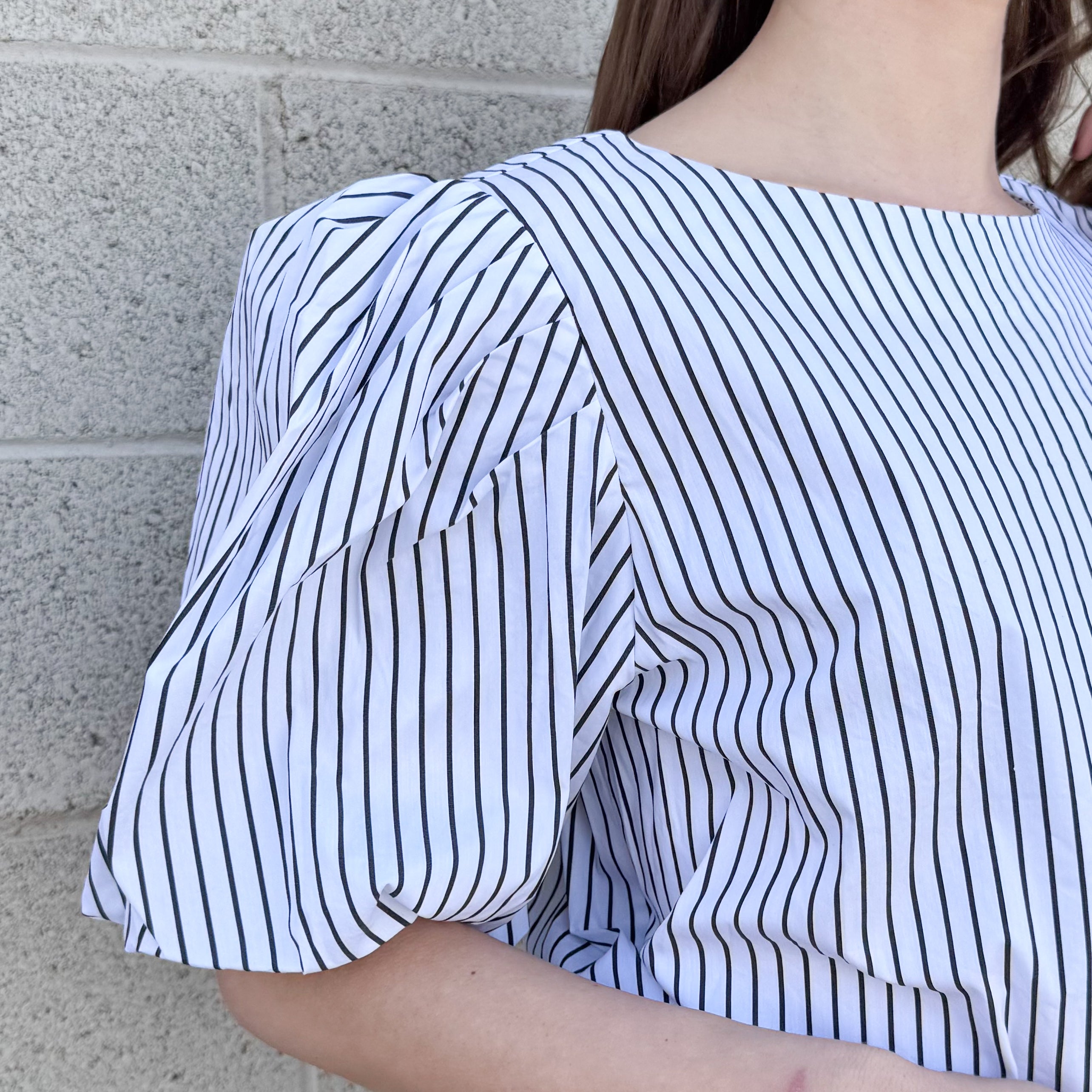 White Striped Top W/ Puff Sleeves