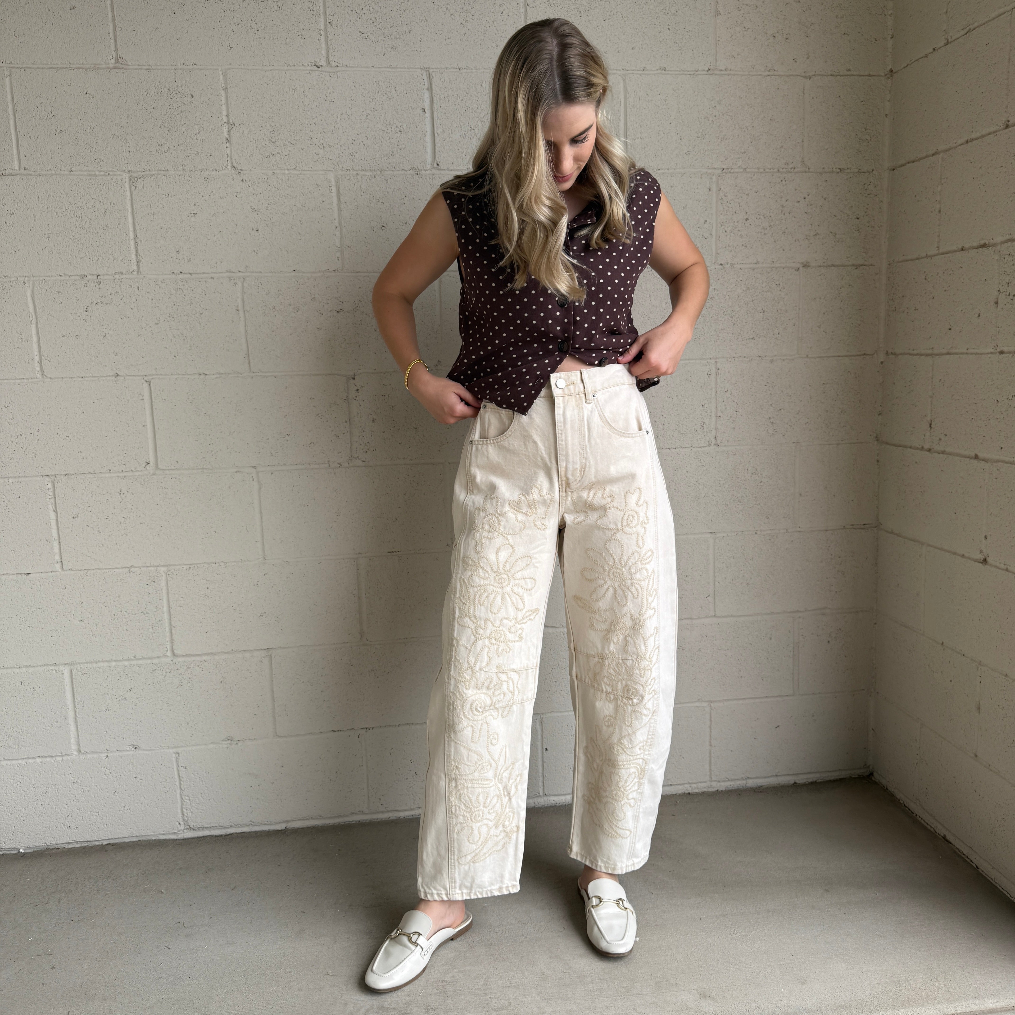 Beige Embroidered Barrel Pants