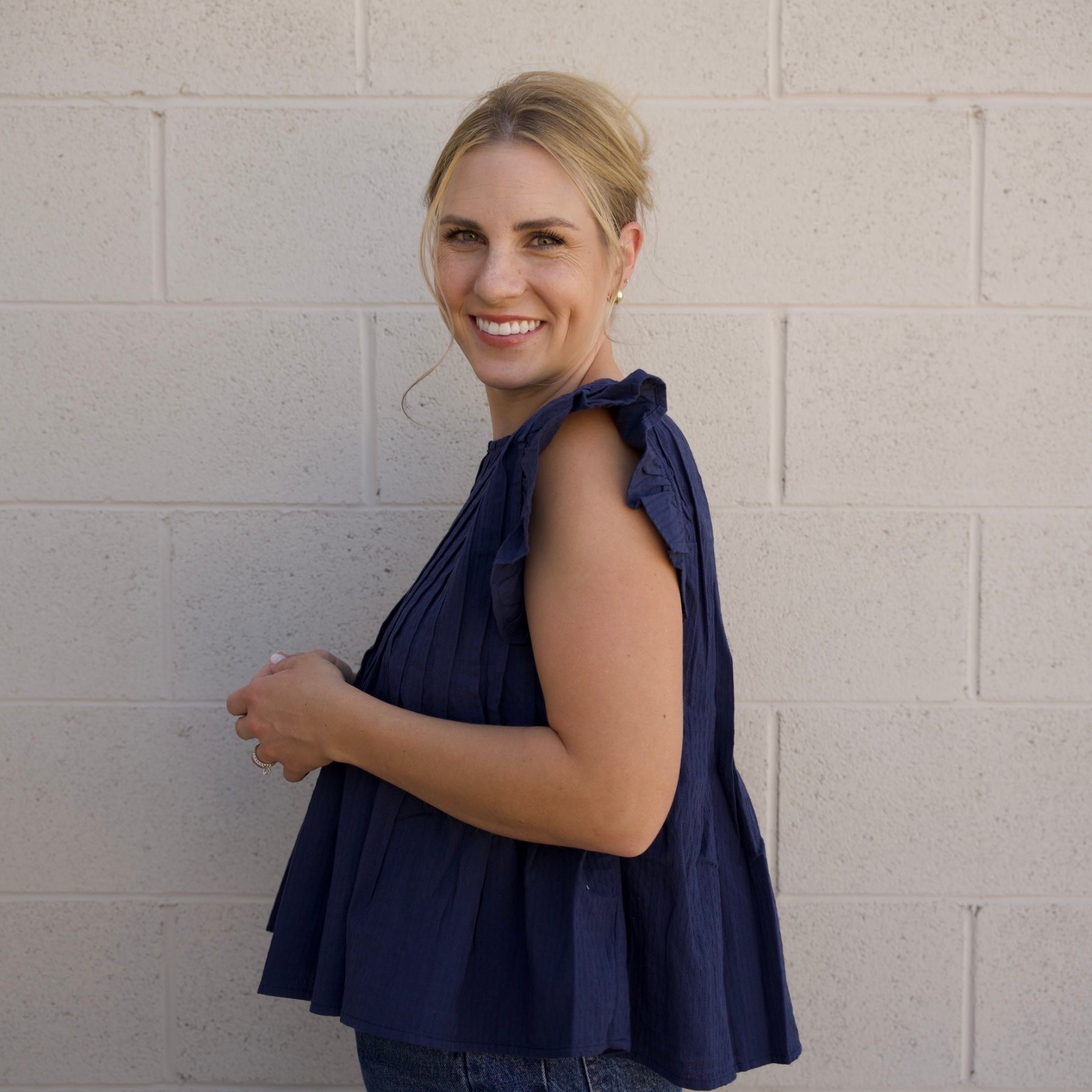 Navy Pleated Flutter Sleeve Top