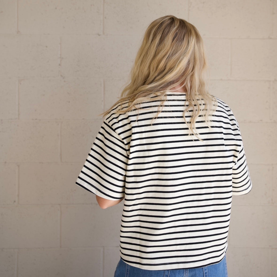 Ivory and Black Striped Elbow Tee
