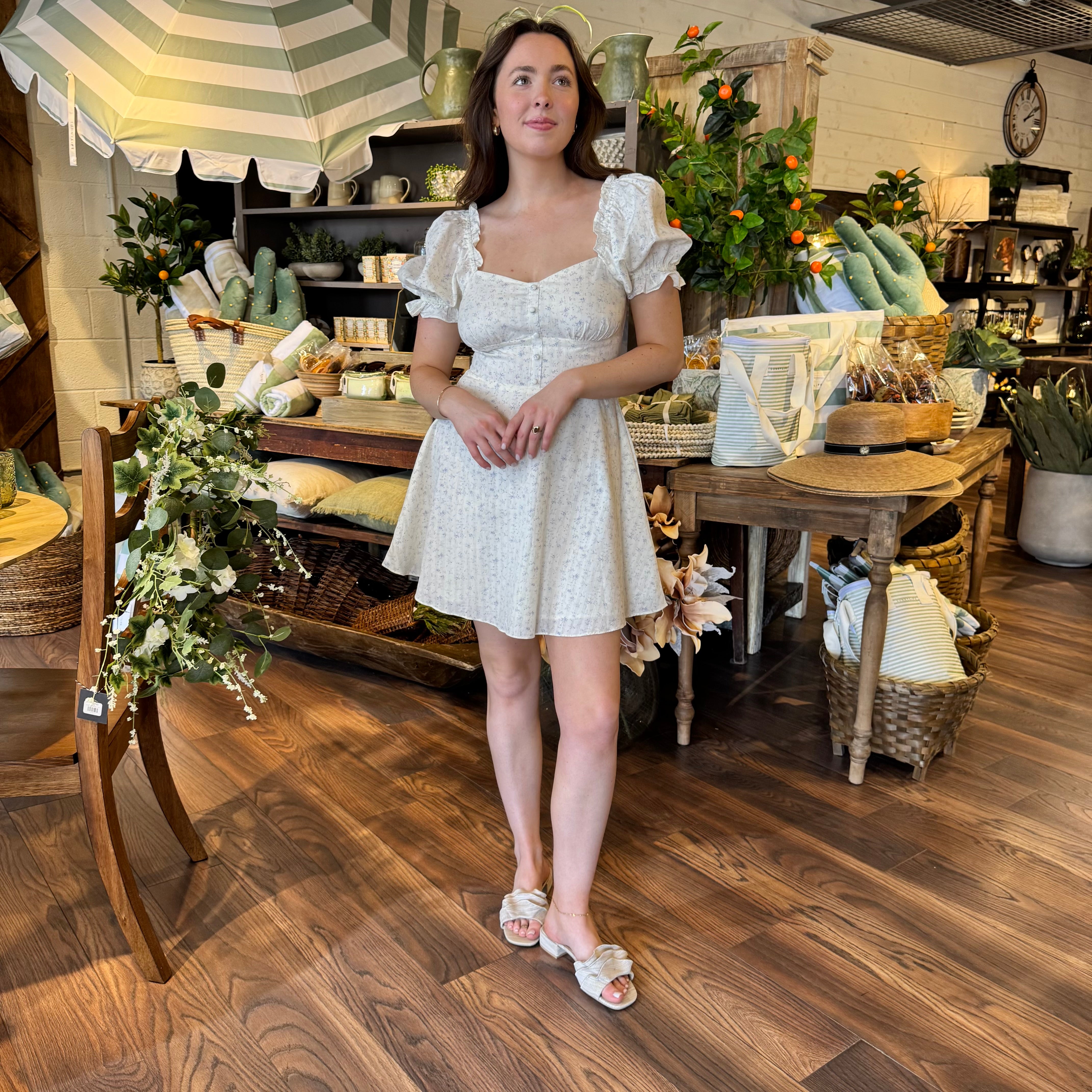 Blue Floral Cream Mini  Dress