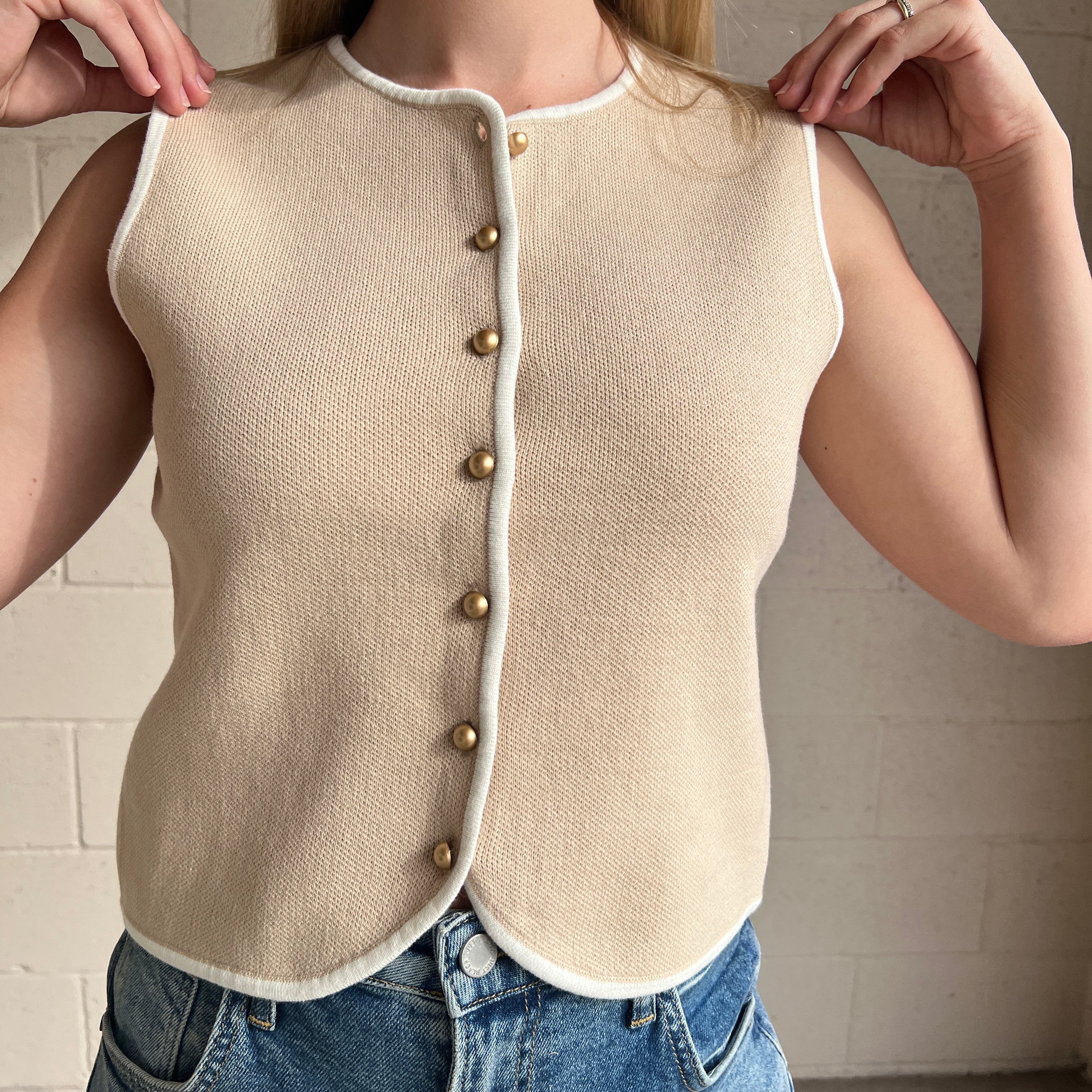 Beige Crew Neck Sleeveless Knit Button Vest