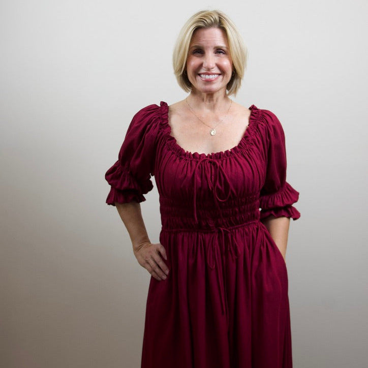 Burgundy Smocked Midi Dress