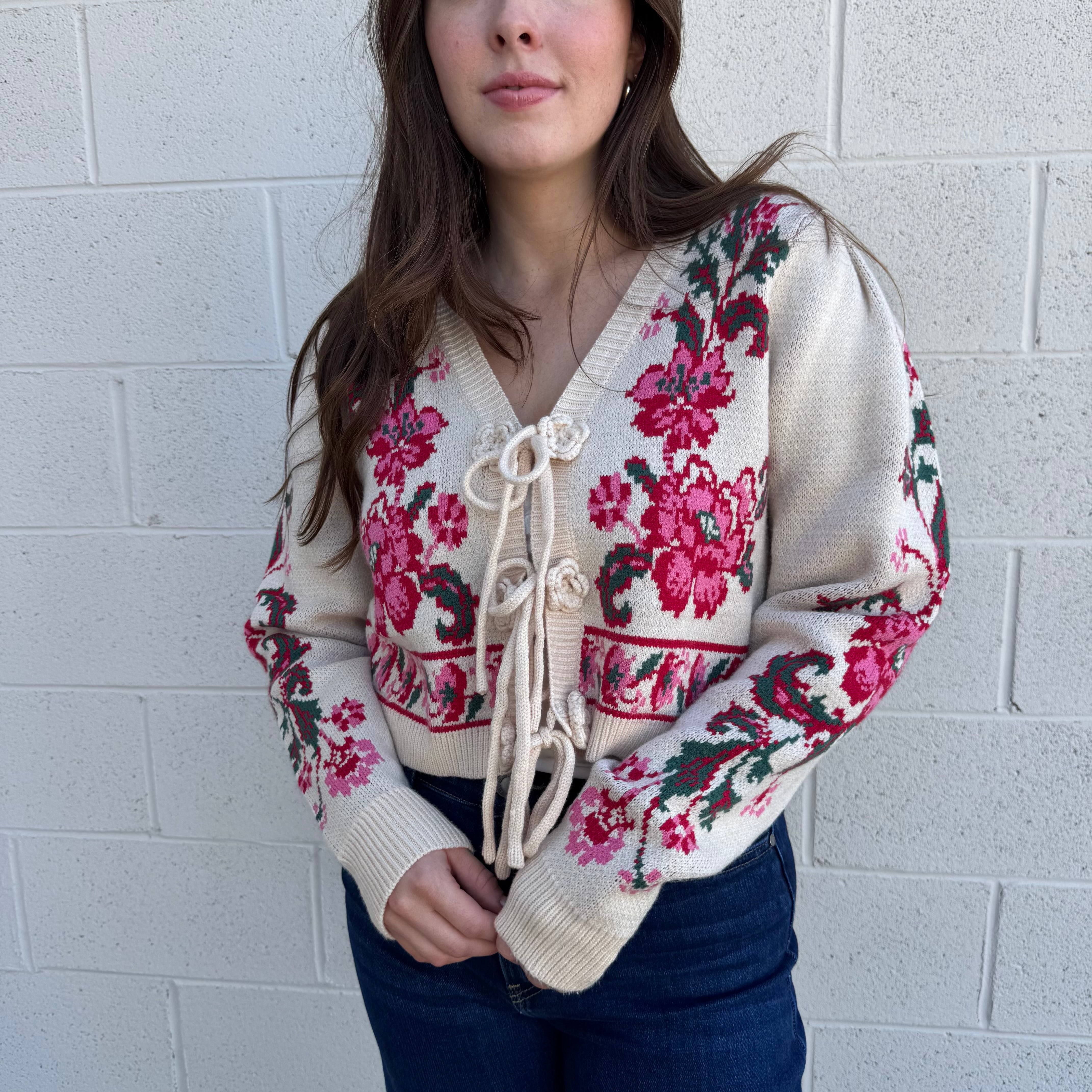Floral Knit Tie-Front Cropped Cardigan