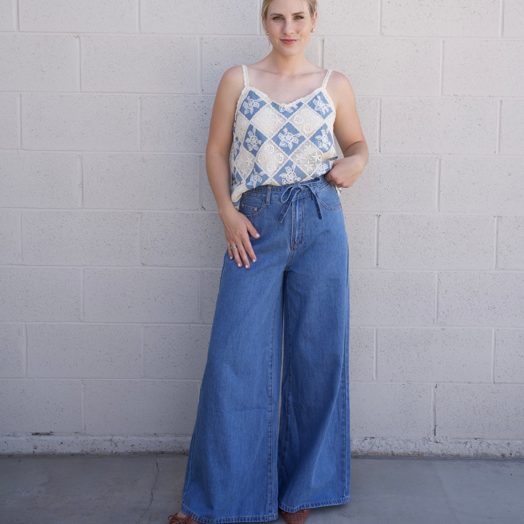Wide Leg Denim Pants with Tie Belt