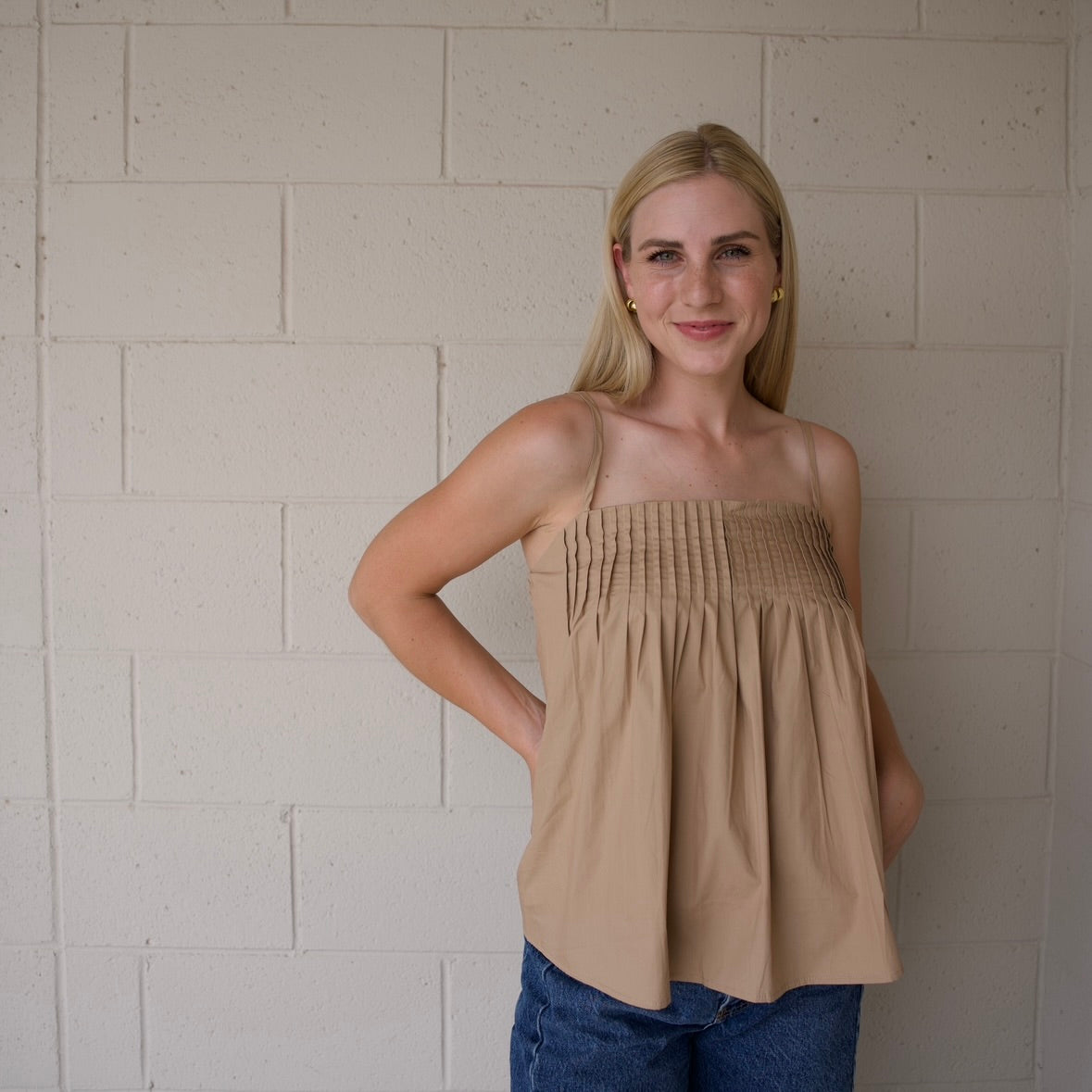 Tan Pleated Tank Top