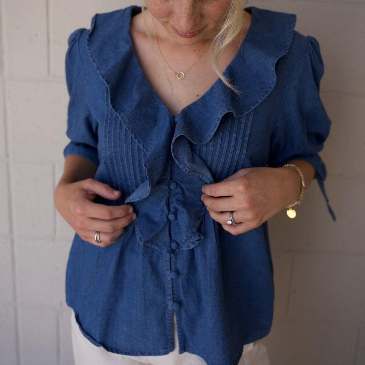 Denim Pleated Ruffle Blouse