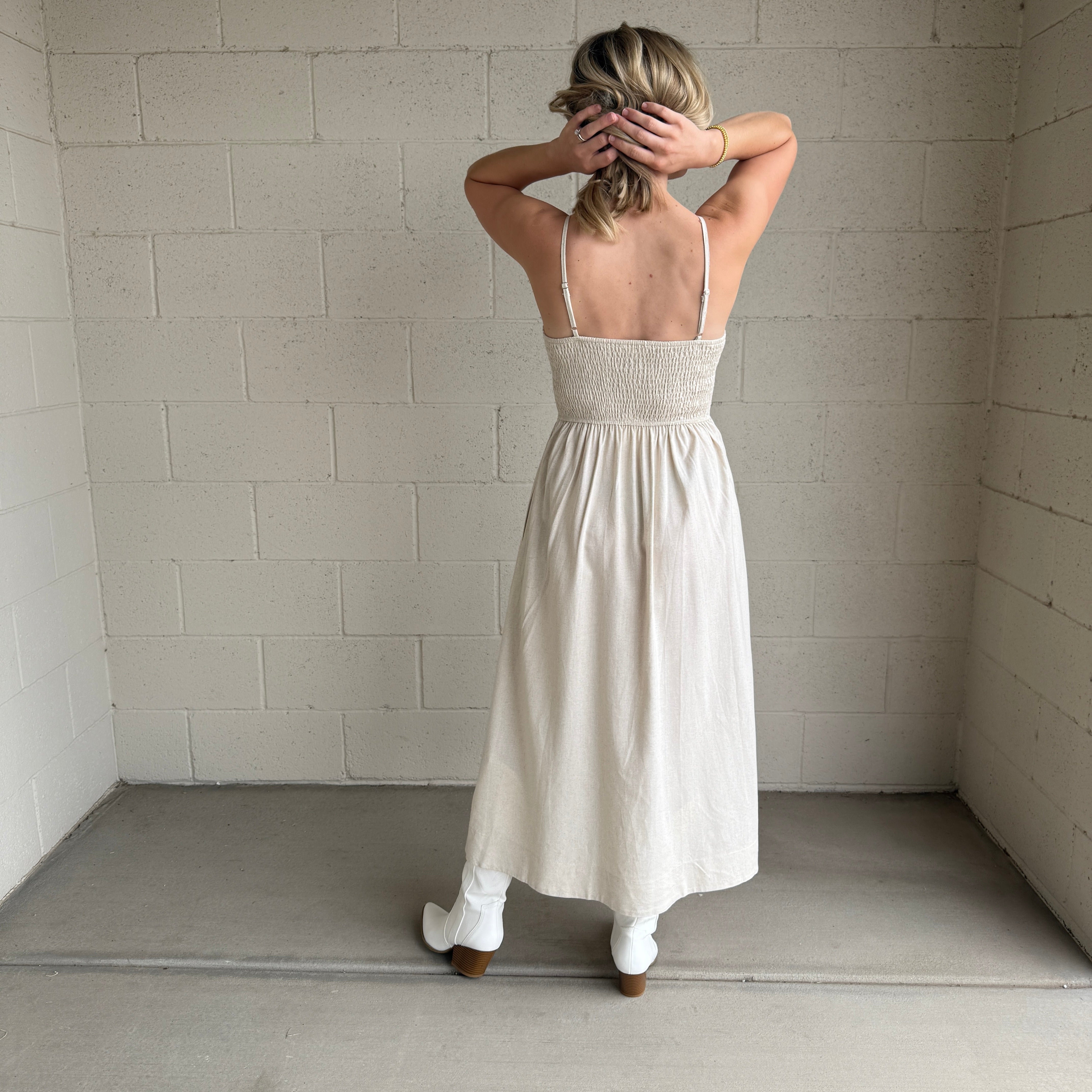 Oatmeal Smocked Linen Dress