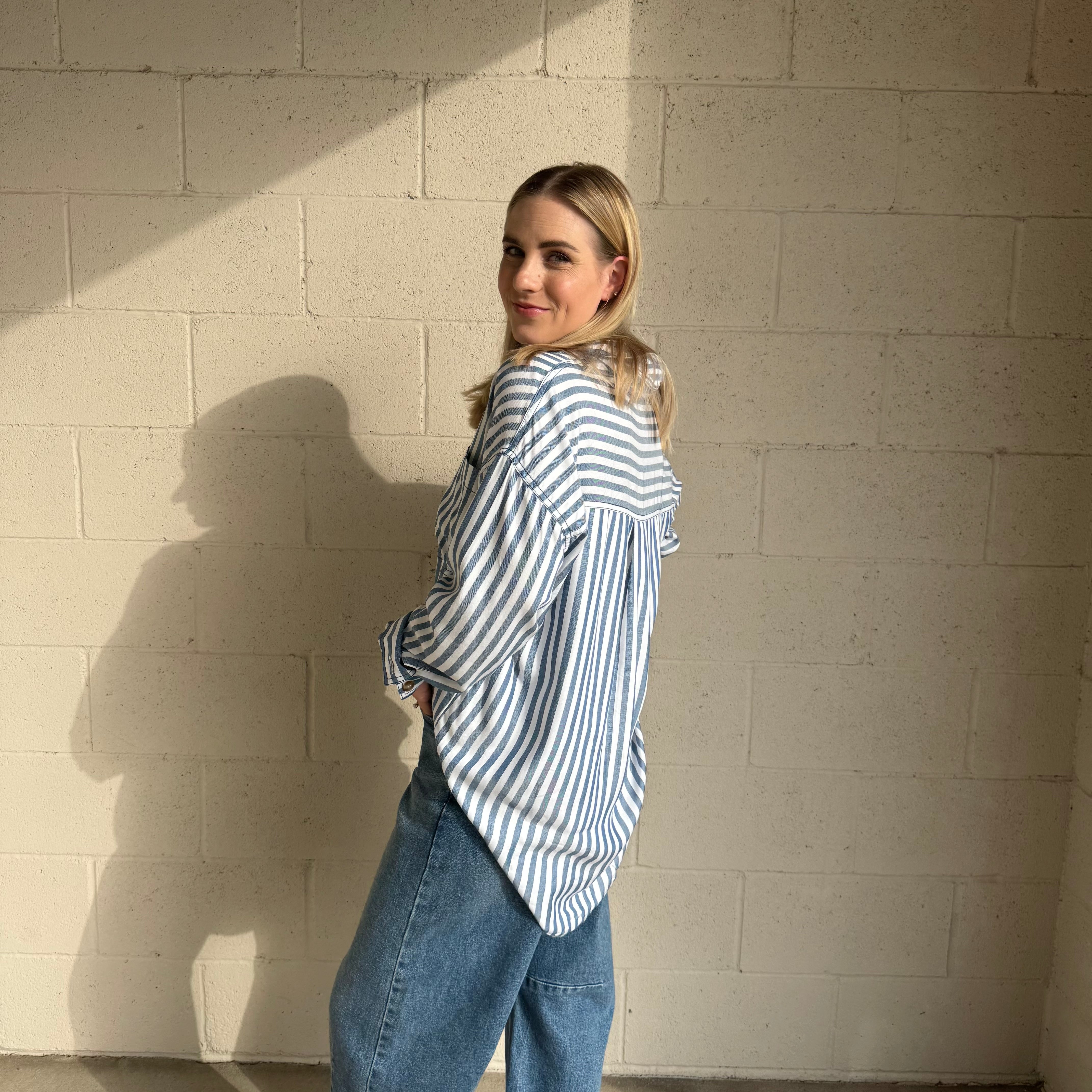Blue Striped Collared Button-Down Shirt