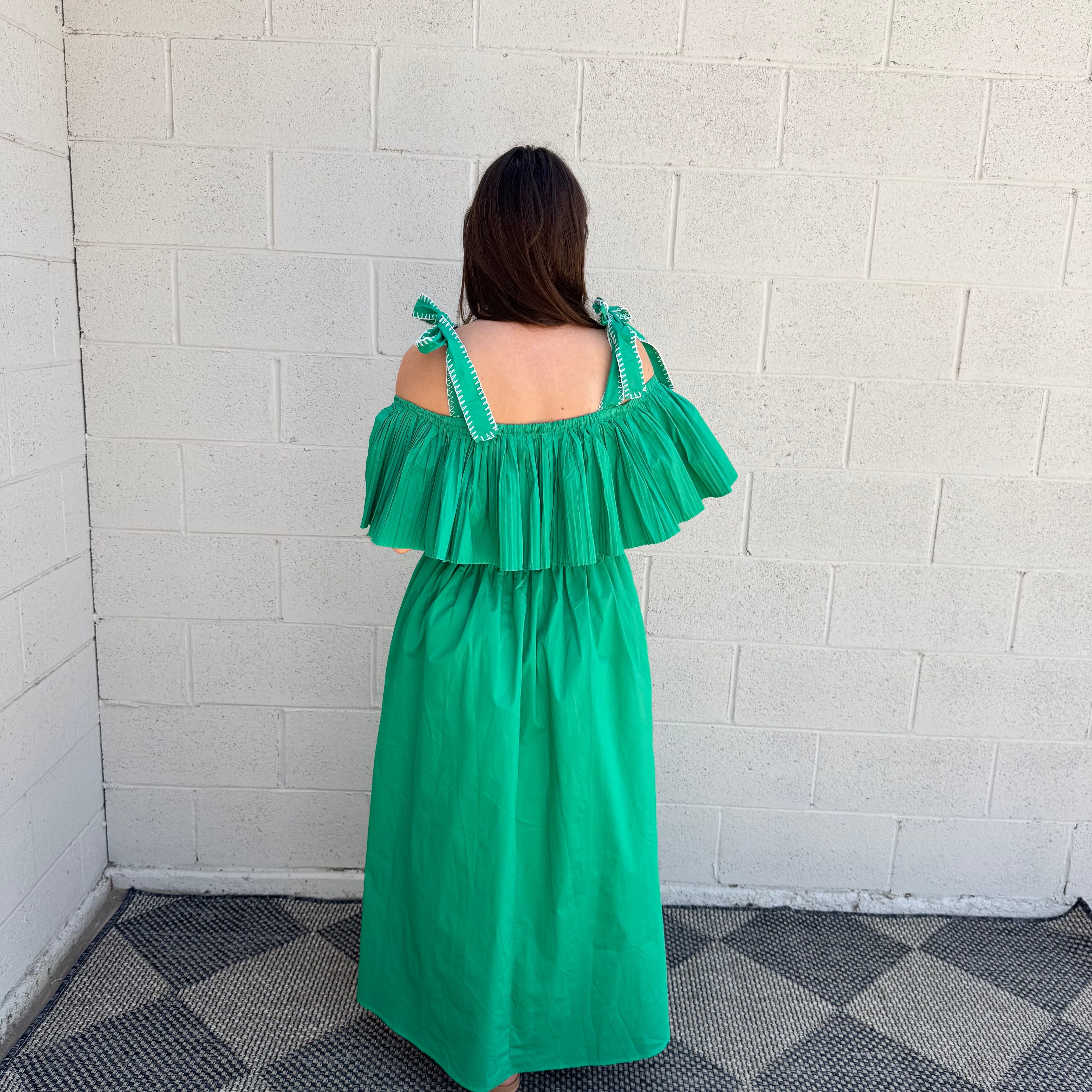 Green Ruffled Off The Shoulder Midi Dress