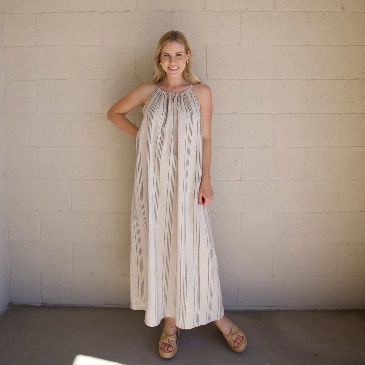 Oatmeal Stripe Halter Maxi Dress