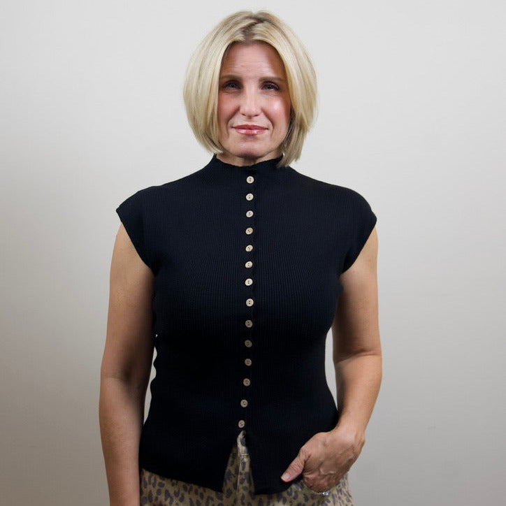 Mock Neck Knit Button Top