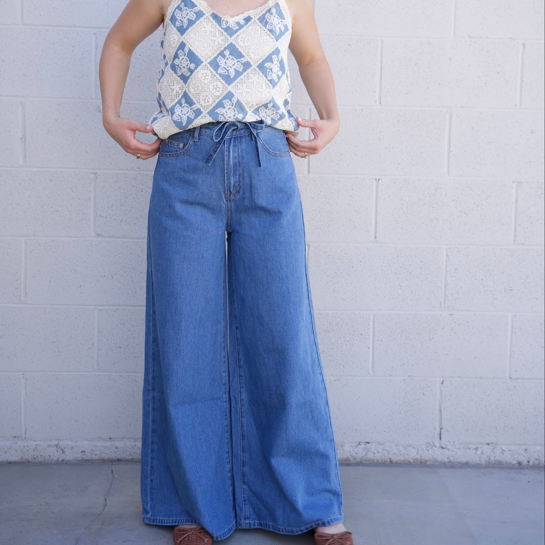 Wide Leg Denim Pants with Tie Belt