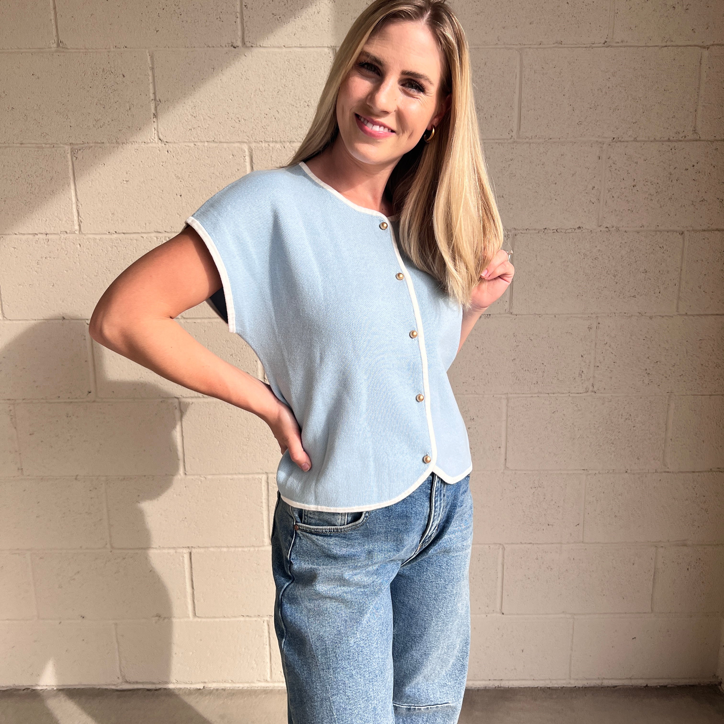 Blue Wide Shoulder Knit Top