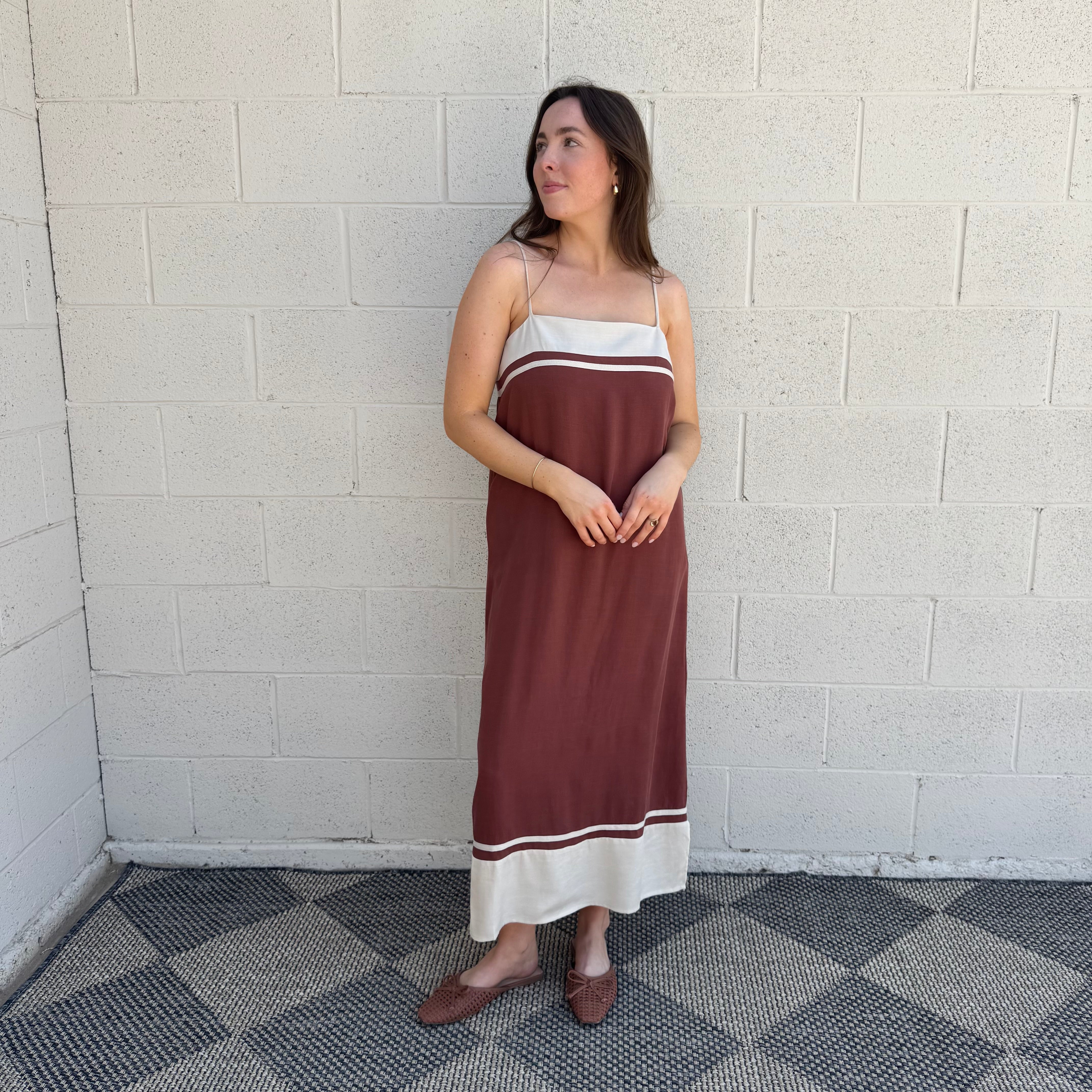 Rust and Cream Striped Midi Dress