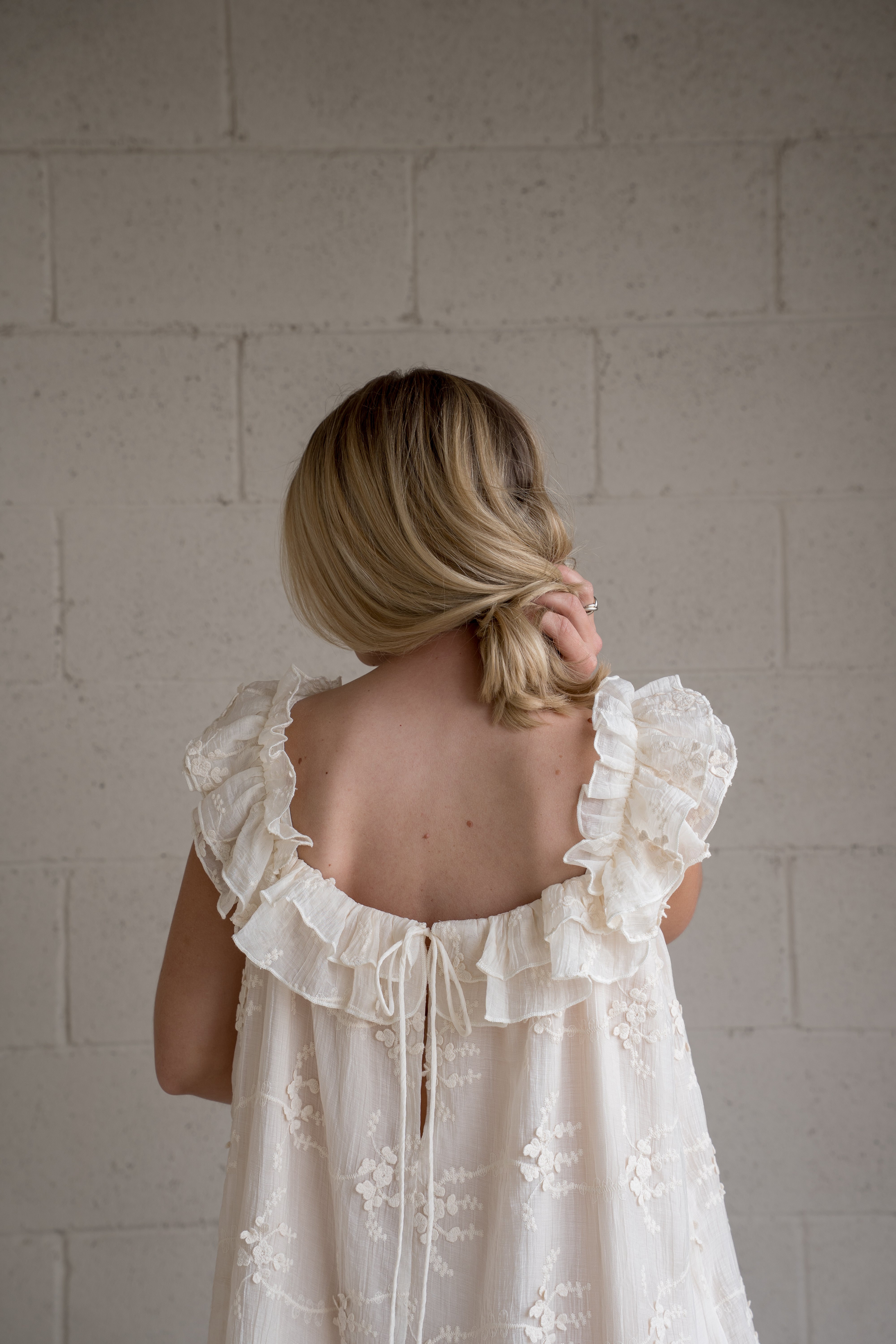 Cream Ruffled Embroidered Dress