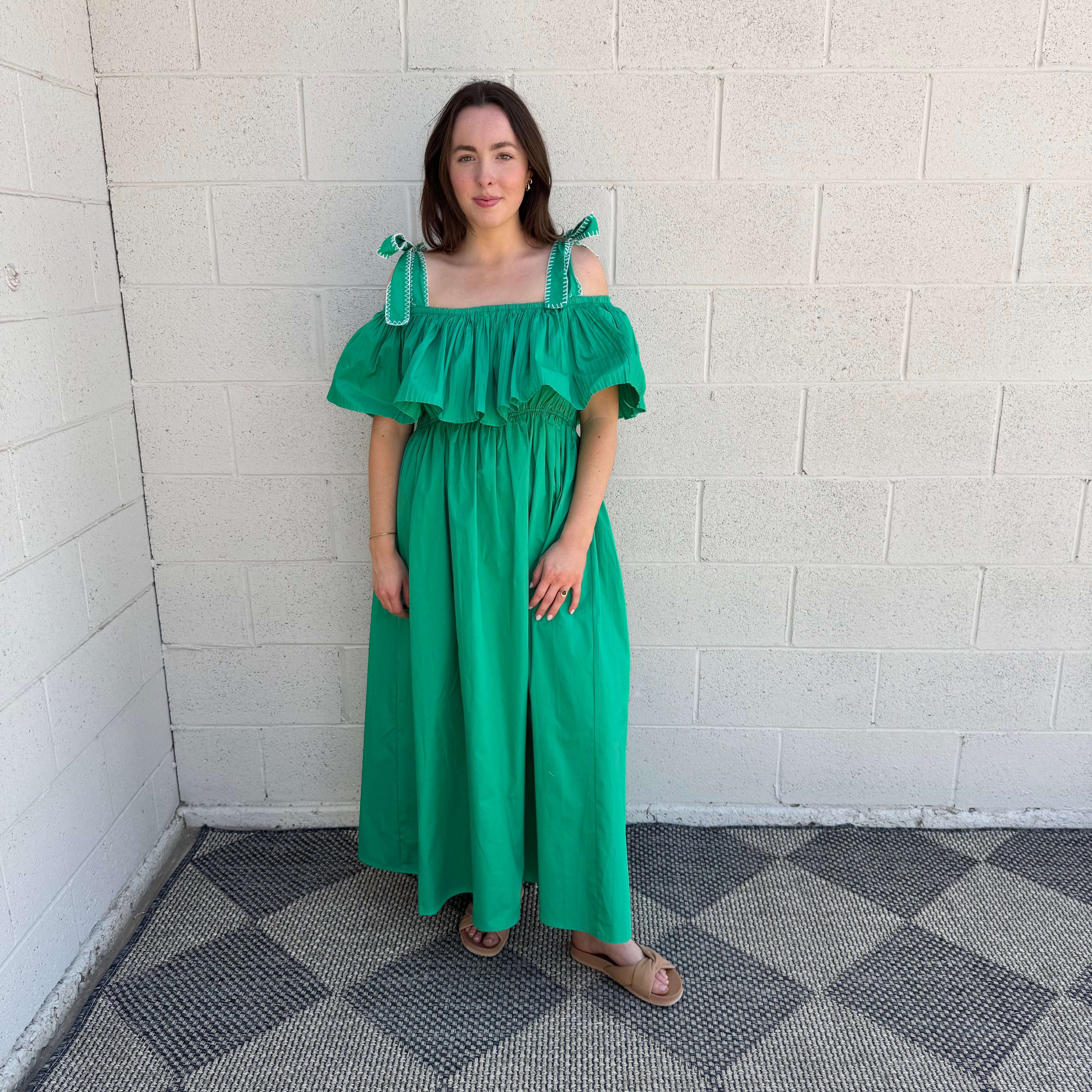 Green Ruffled Off The Shoulder Midi Dress