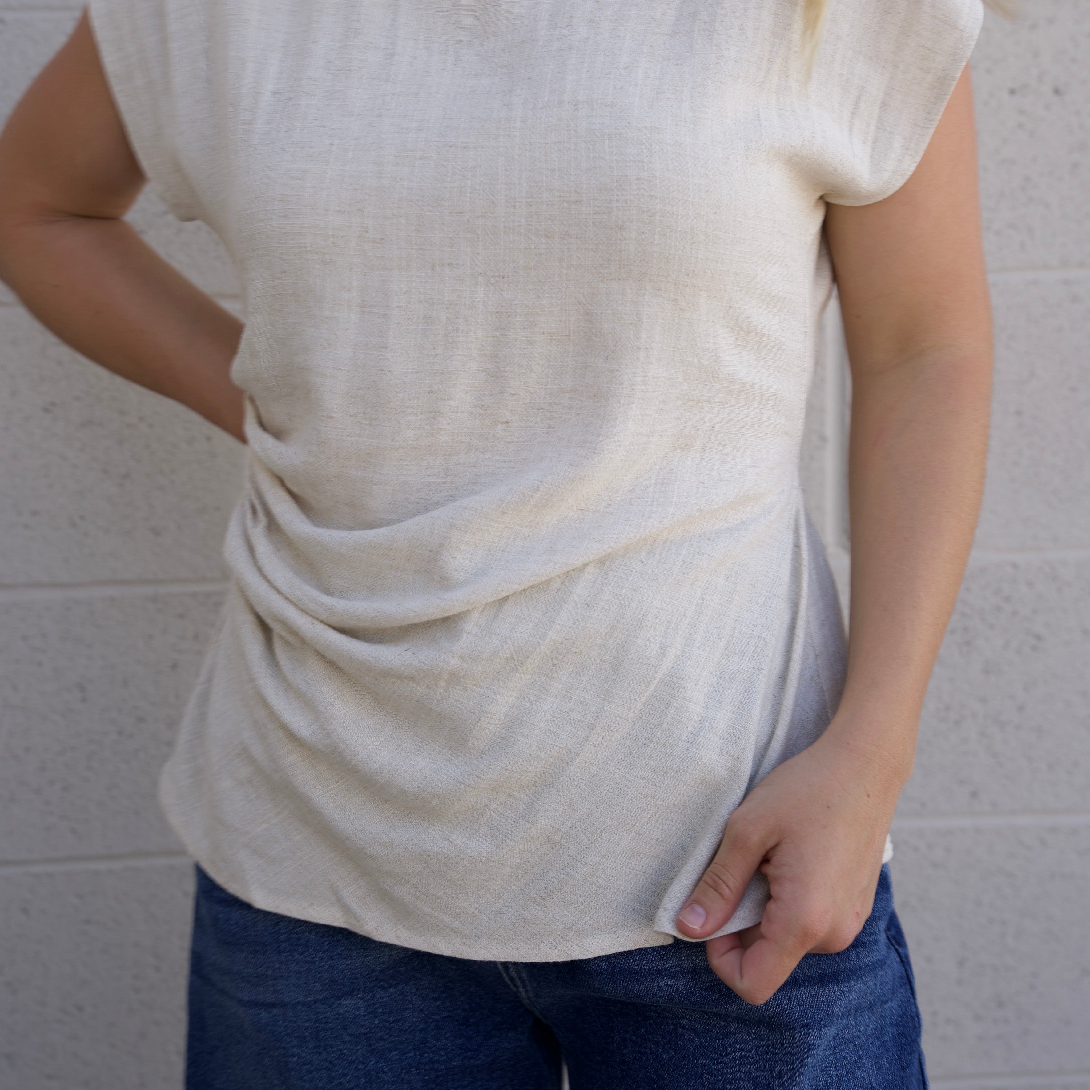Cream Round Neck Shirring Top