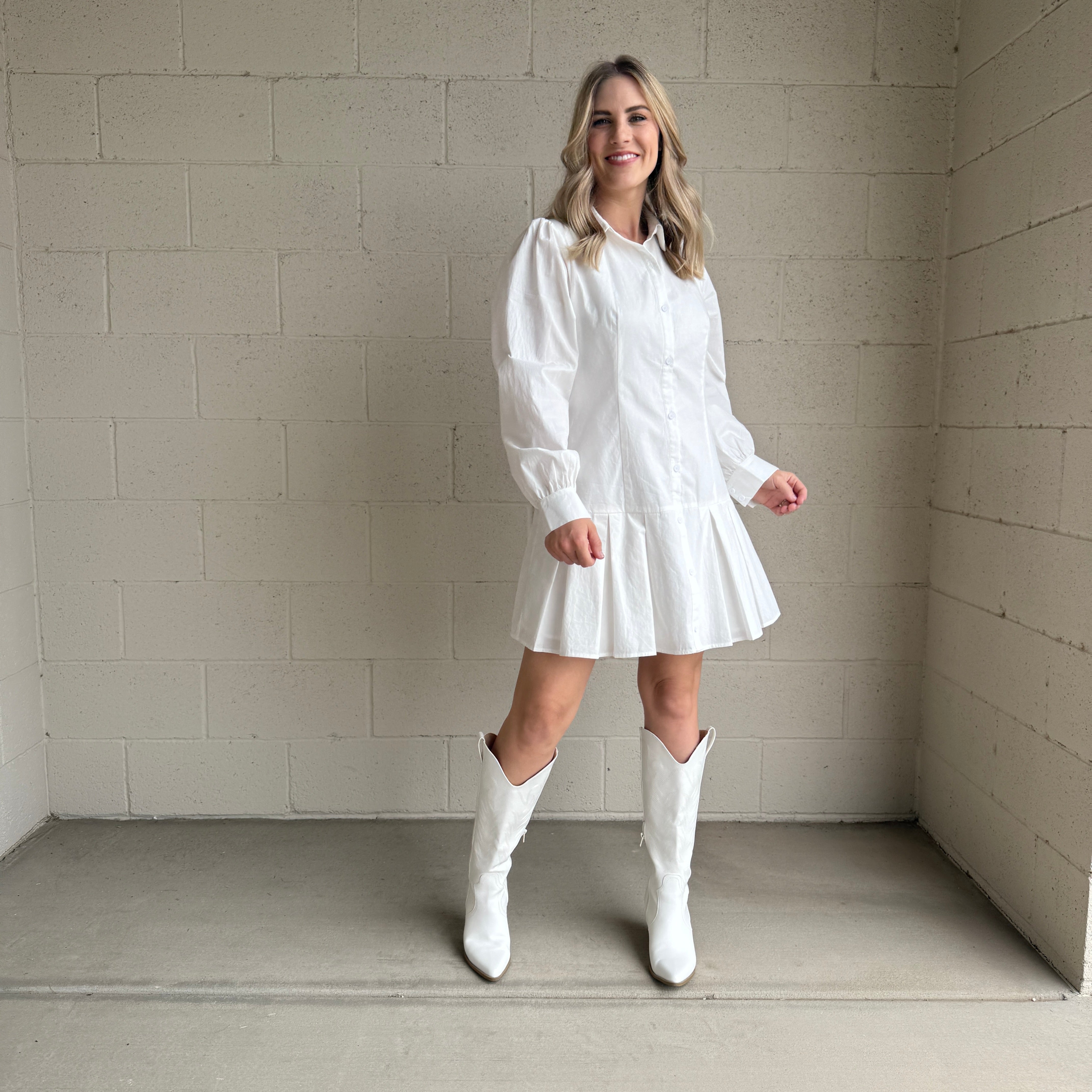 White Pleated Shirt Dress