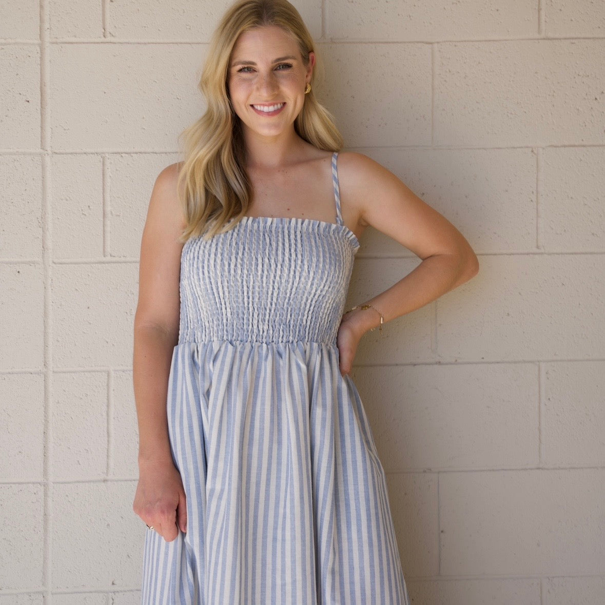 Blue Striped Smocked Maxi Dress