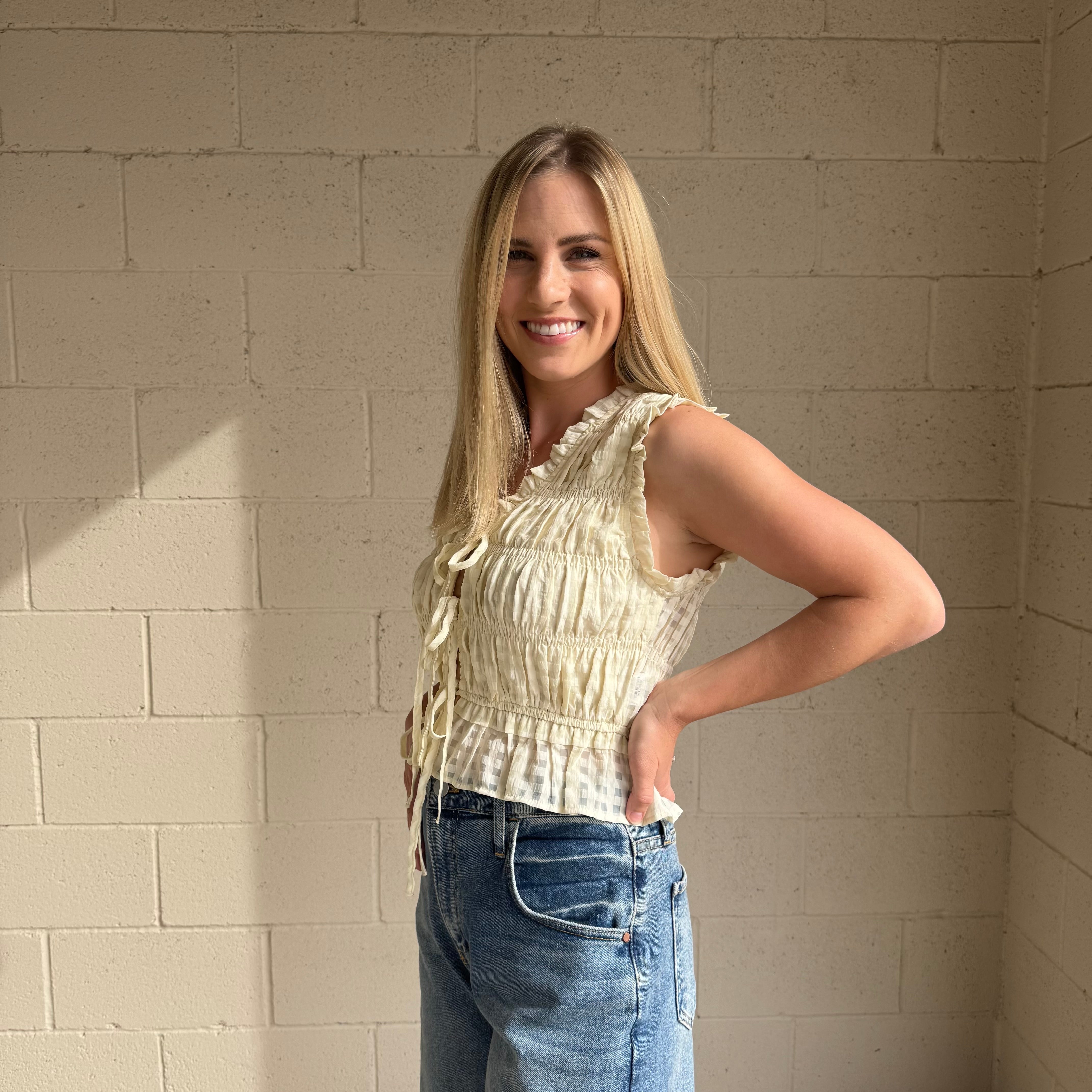 Cream Textured Smocked Blouse