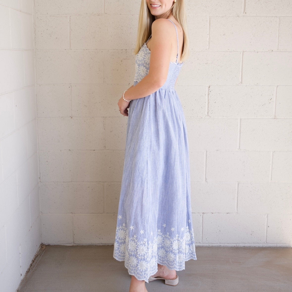 Pinstripe Embroidered Midi Dress