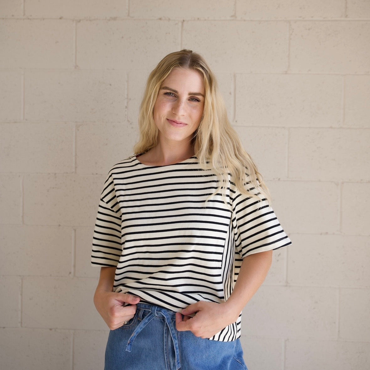 Ivory and Black Striped Elbow Tee