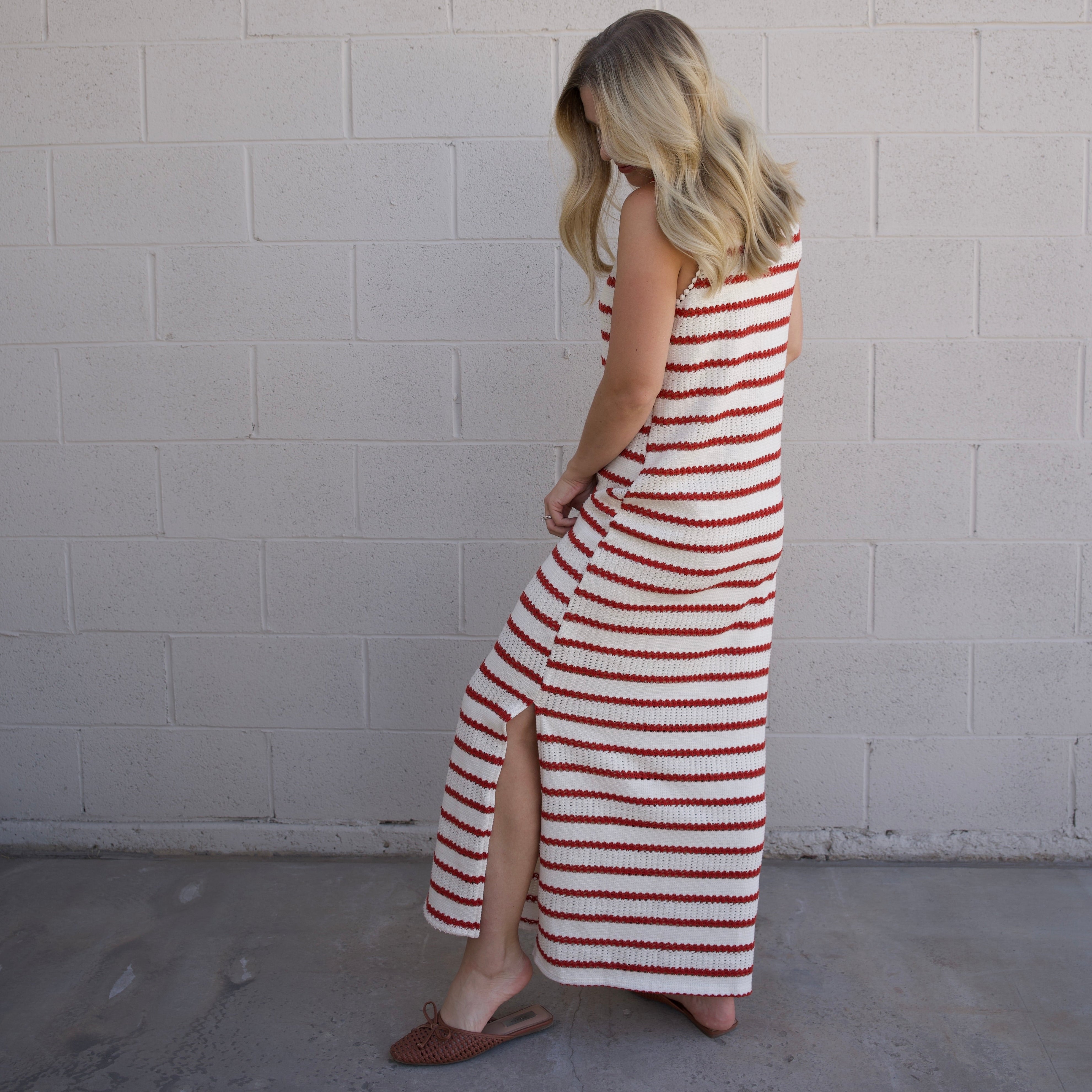 Cream and Red Striped Maxi Dress