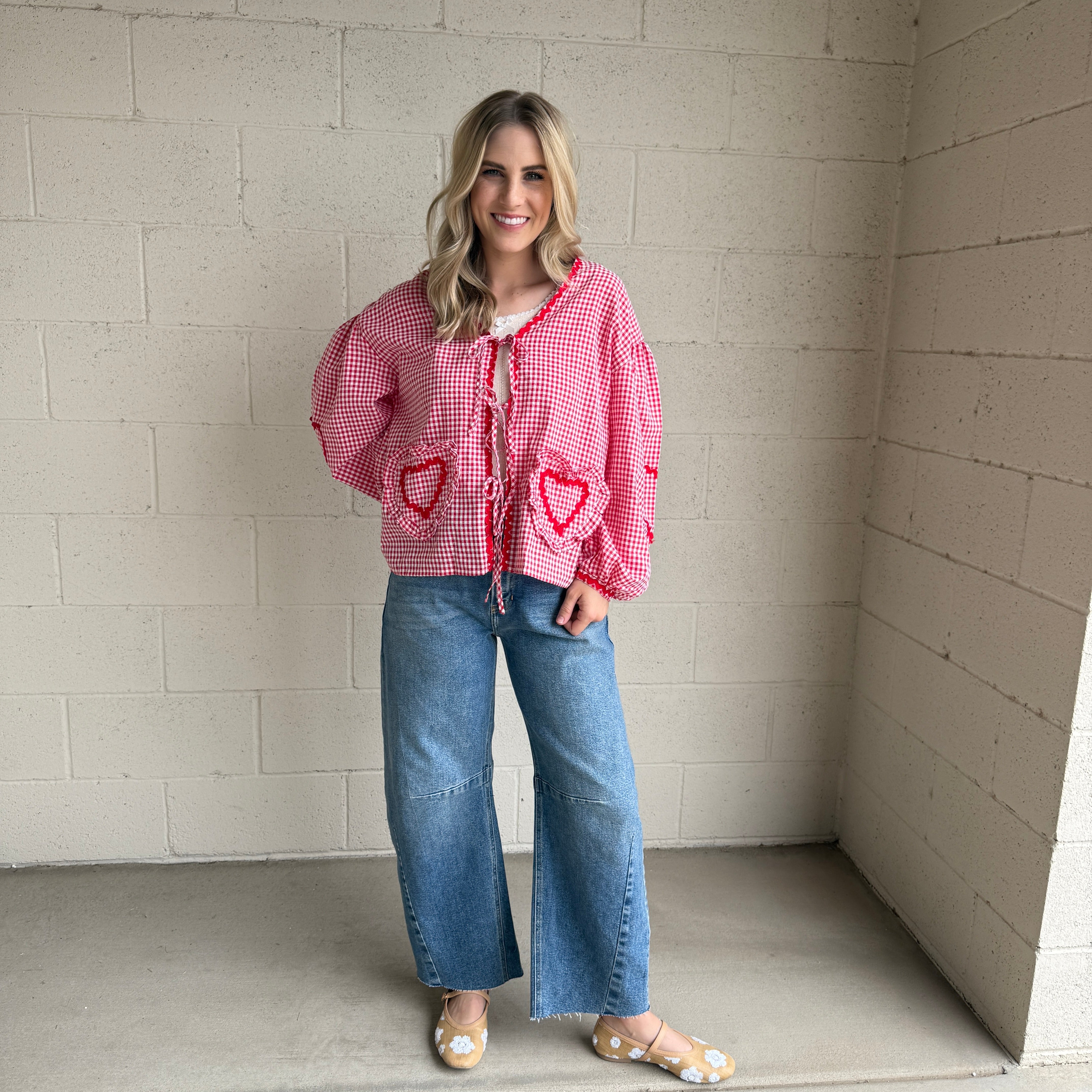Pink Heart Front Tie Sleeve Top