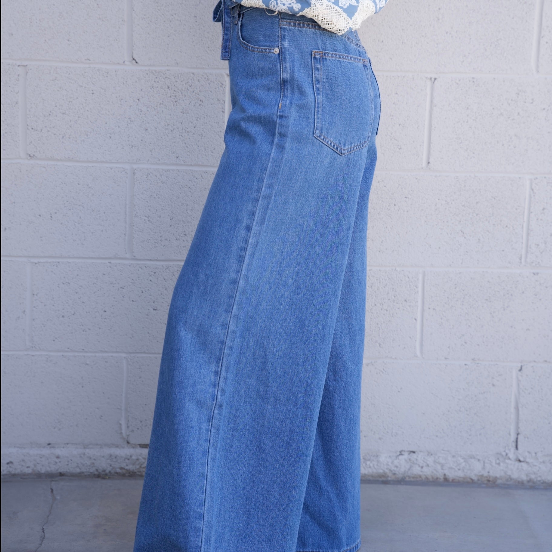 Wide Leg Denim Pants with Tie Belt