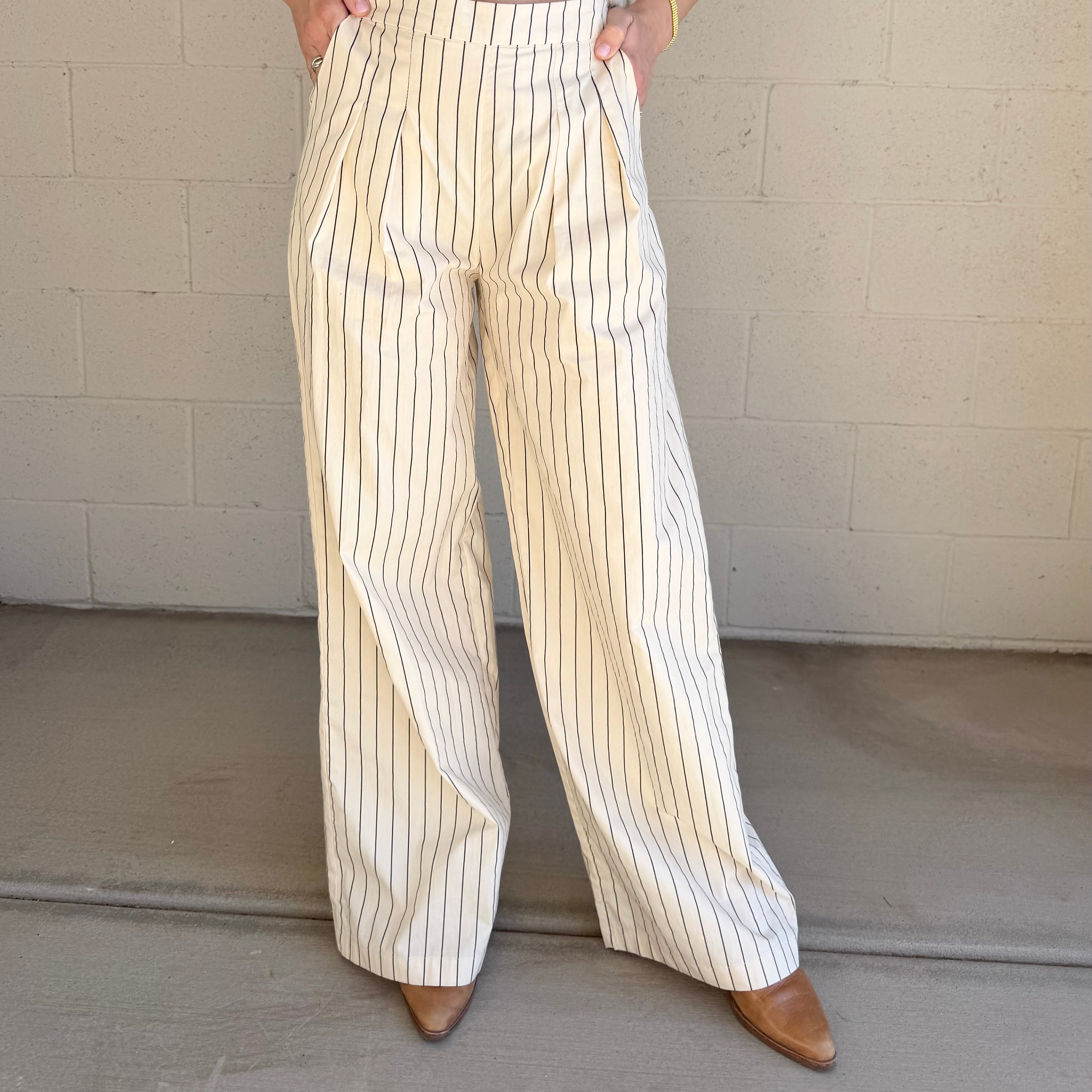 Beige High-Waisted Striped Pants