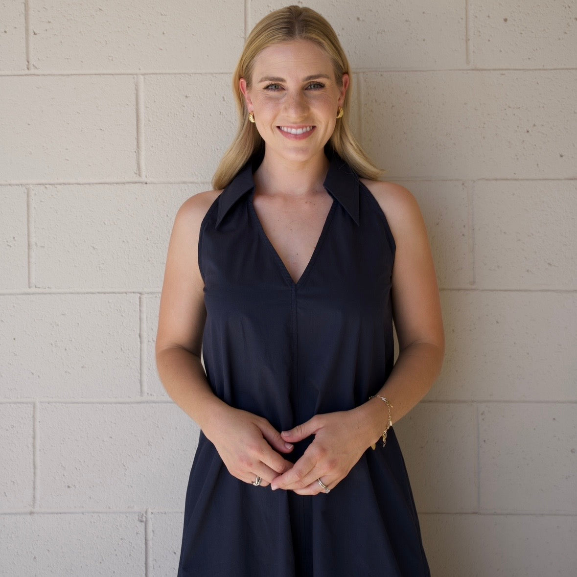 Navy Collared A-Line Midi Dress