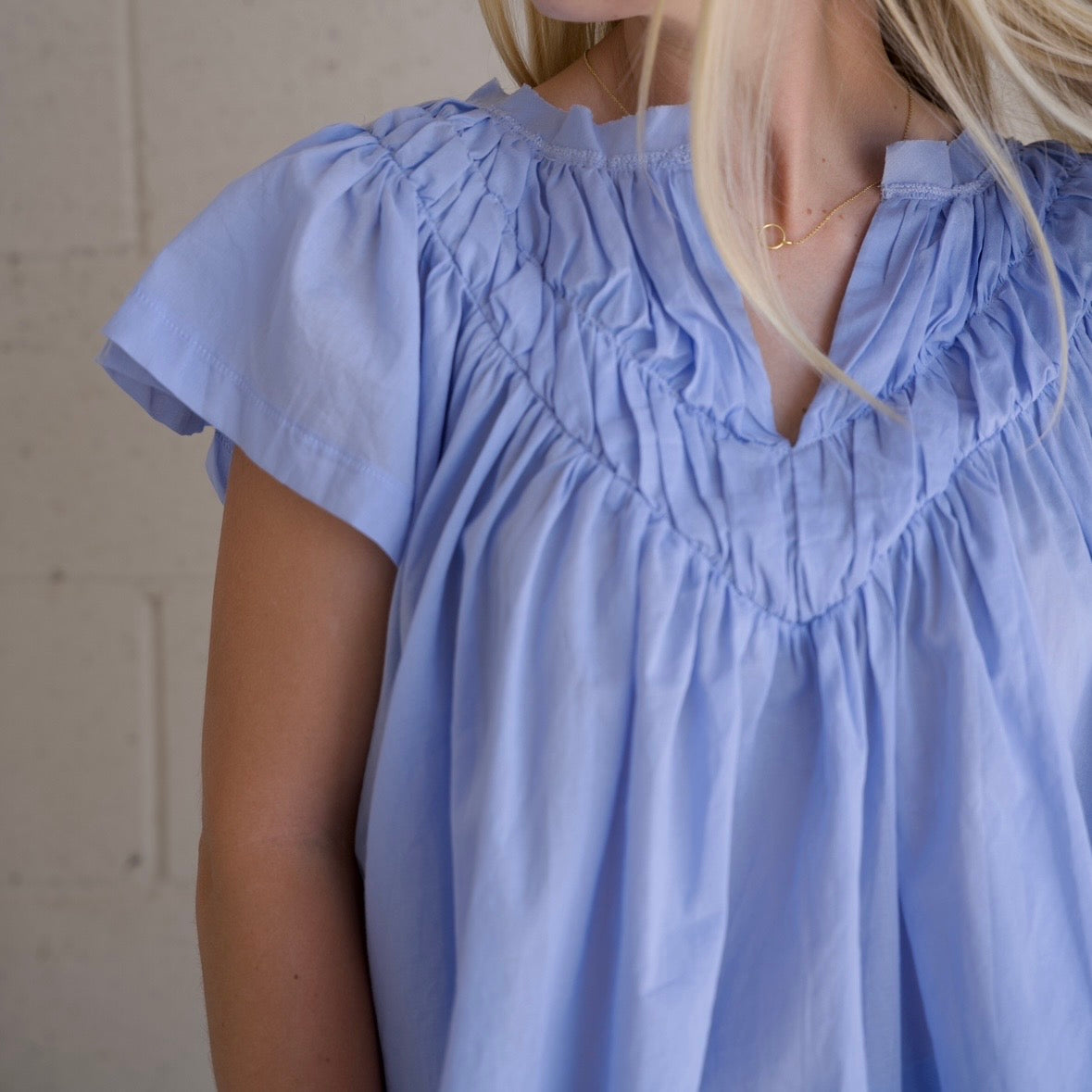 Blue Flutter Sleeve Blouse