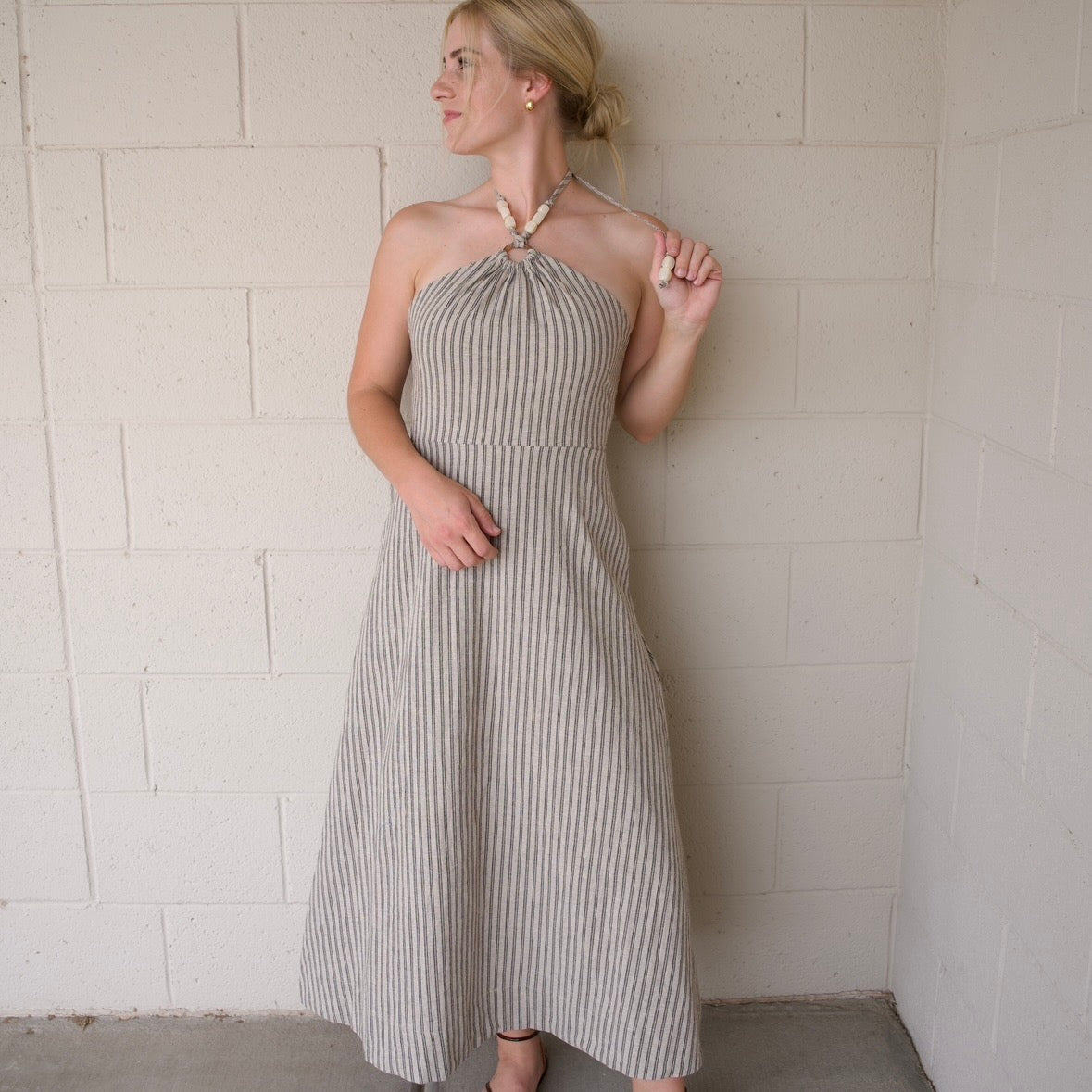 Beaded Halter Striped Dress