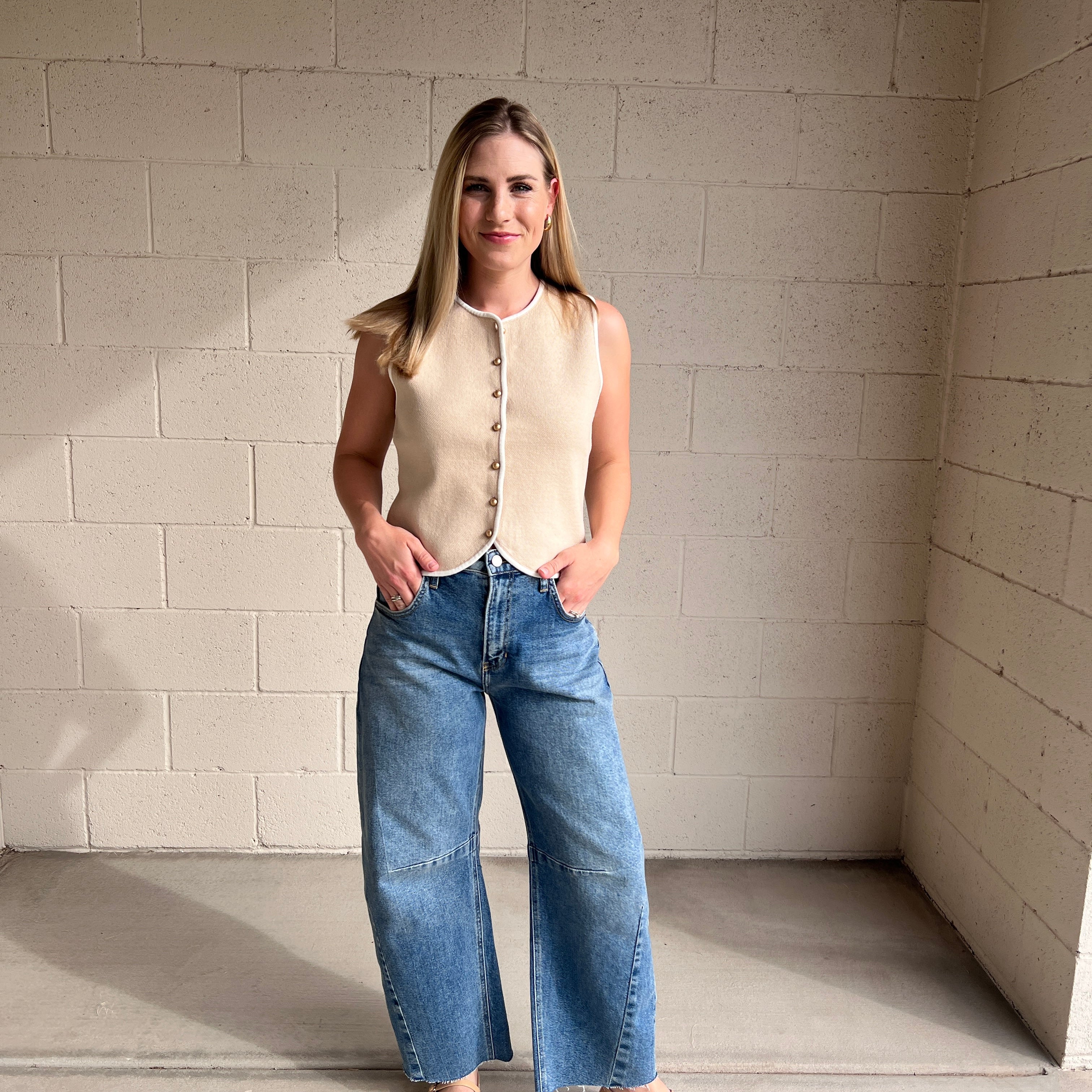 Beige Crew Neck Sleeveless Knit Button Vest