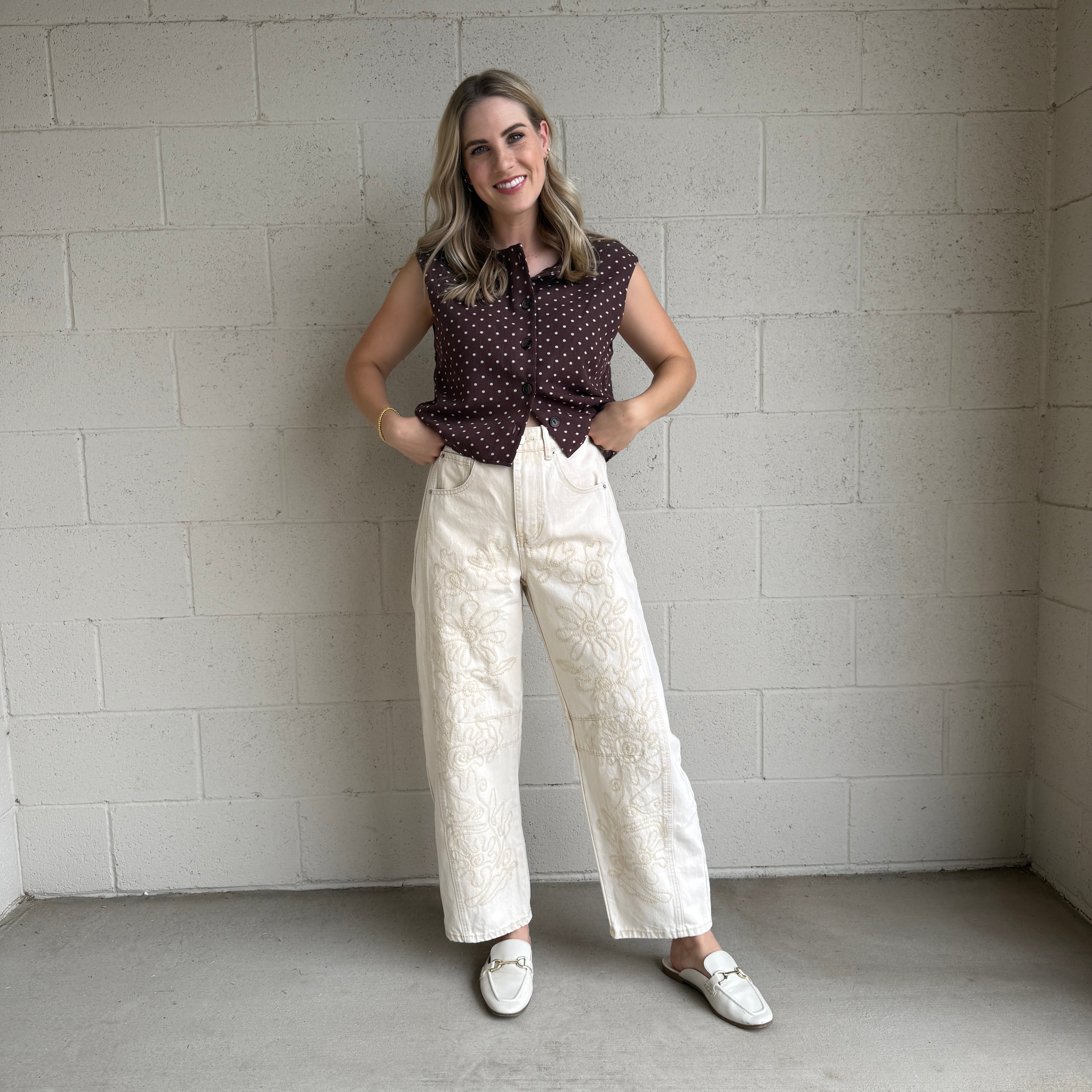 Beige Embroidered Barrel Pants
