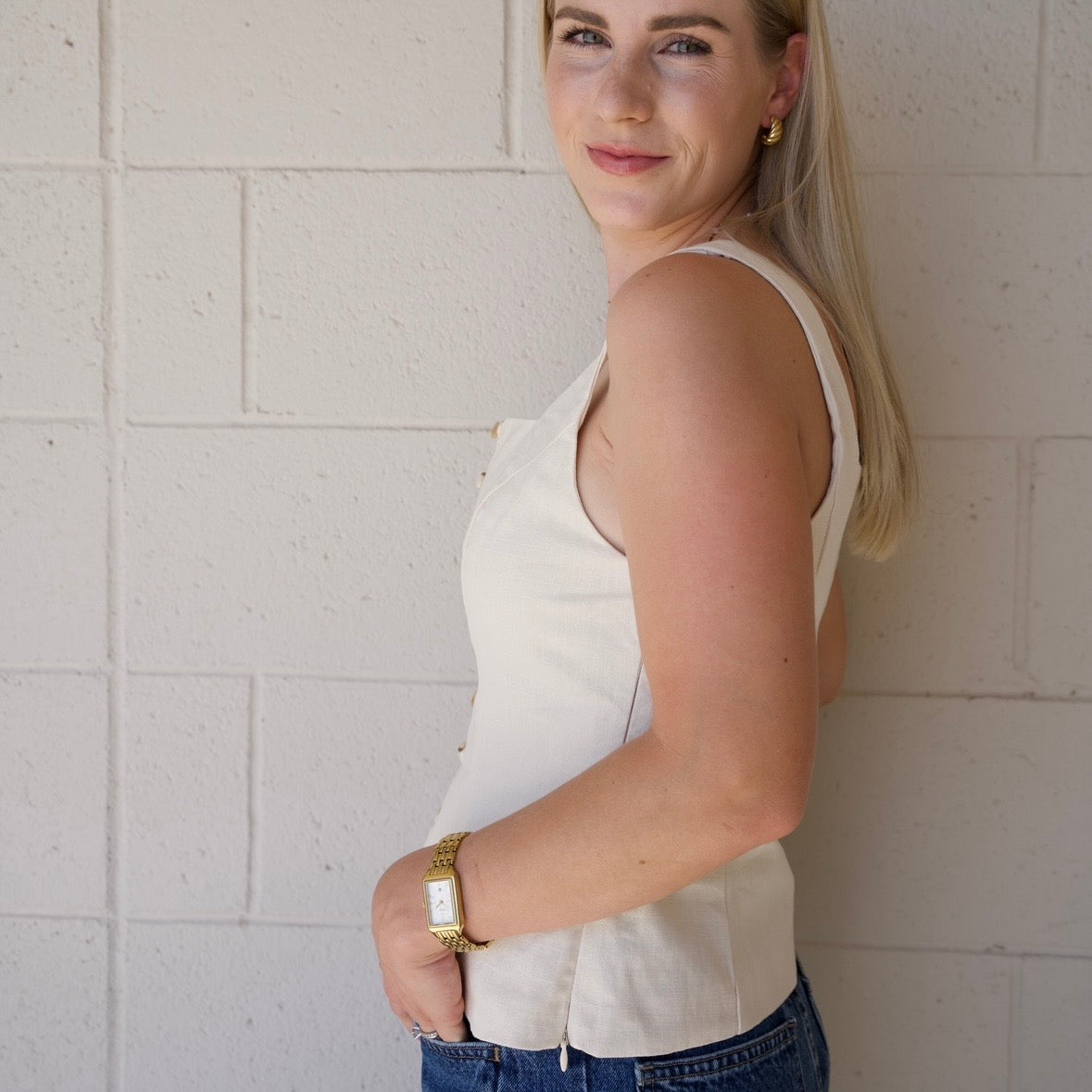 Cream Tailored Square Neck Top