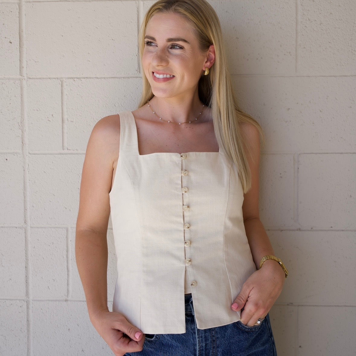 Cream Tailored Square Neck Top