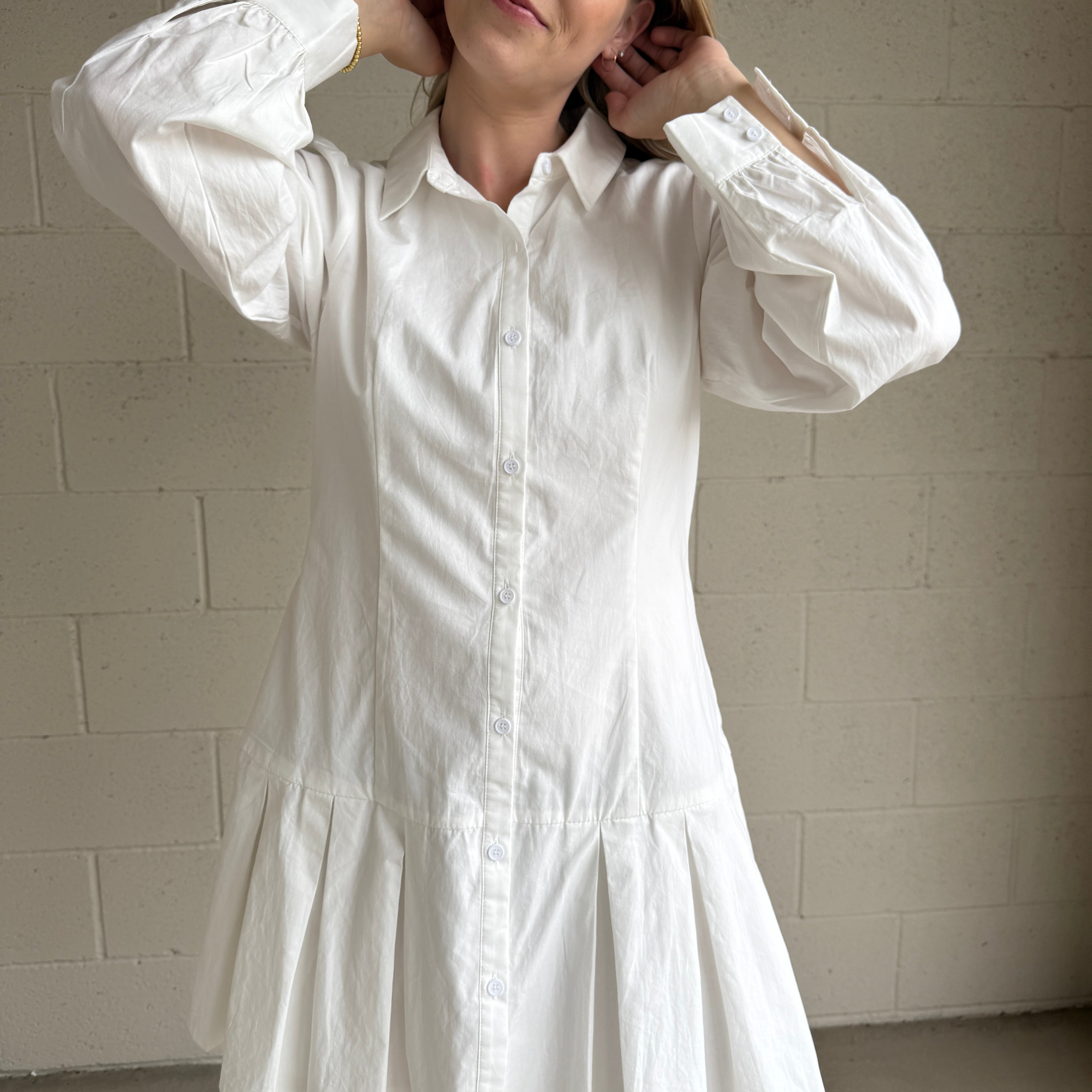 White Pleated Shirt Dress