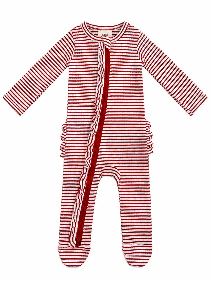 Red Stripe Ribbed Frill 2-Way Zip Footie