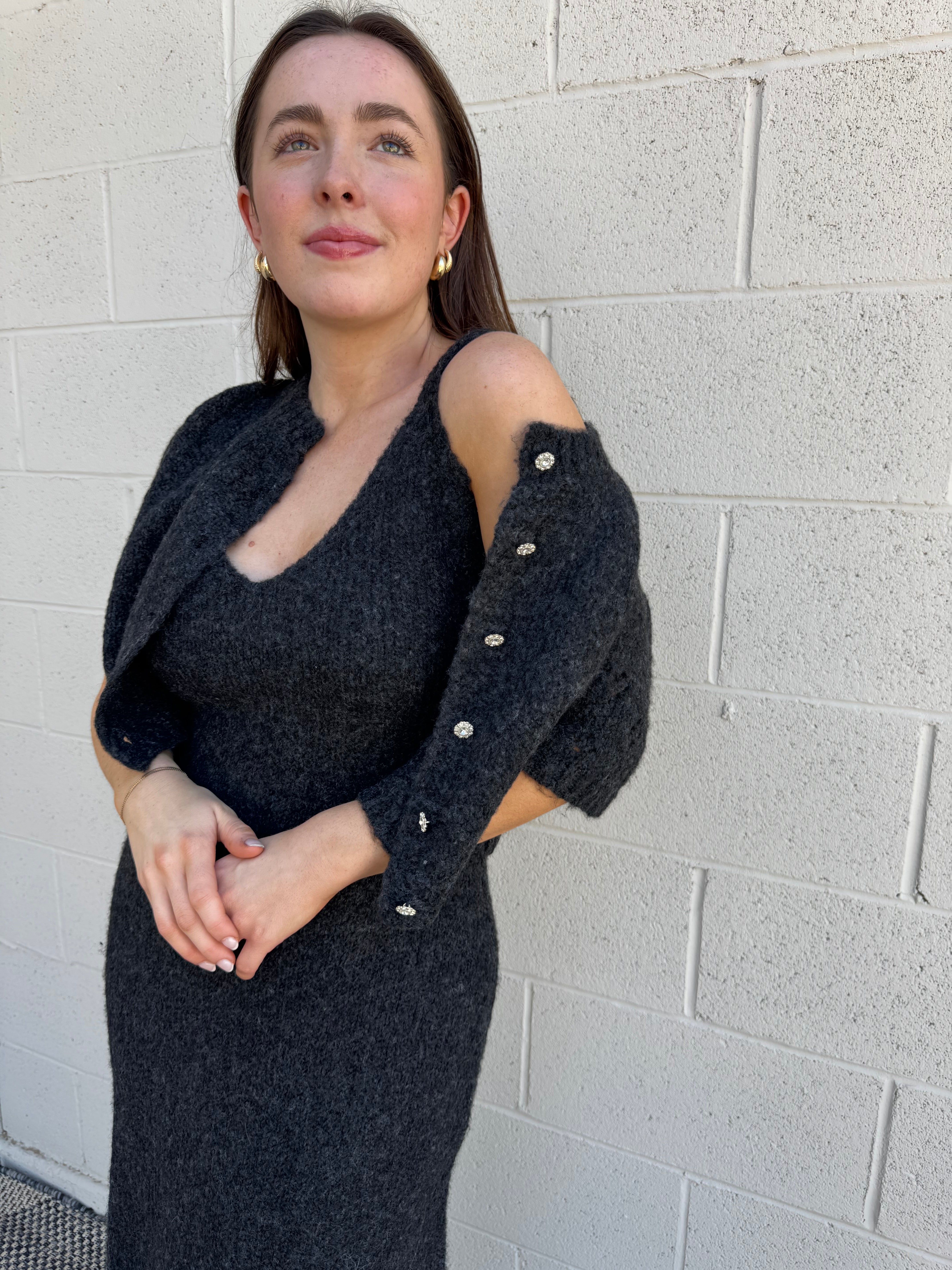 Charcoal Knit Dress & Cardigan Set