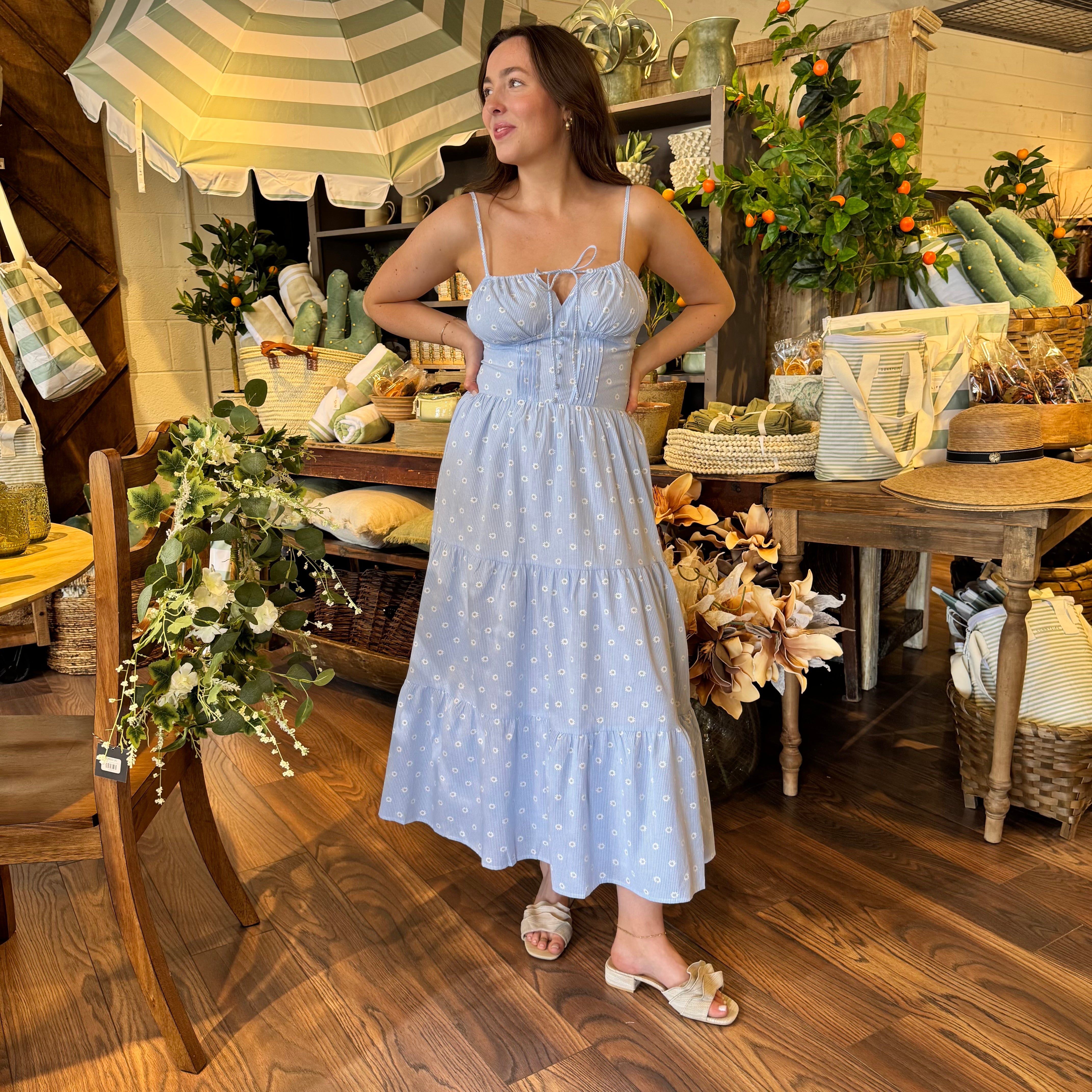 Blue Daisy Print Midi Dress